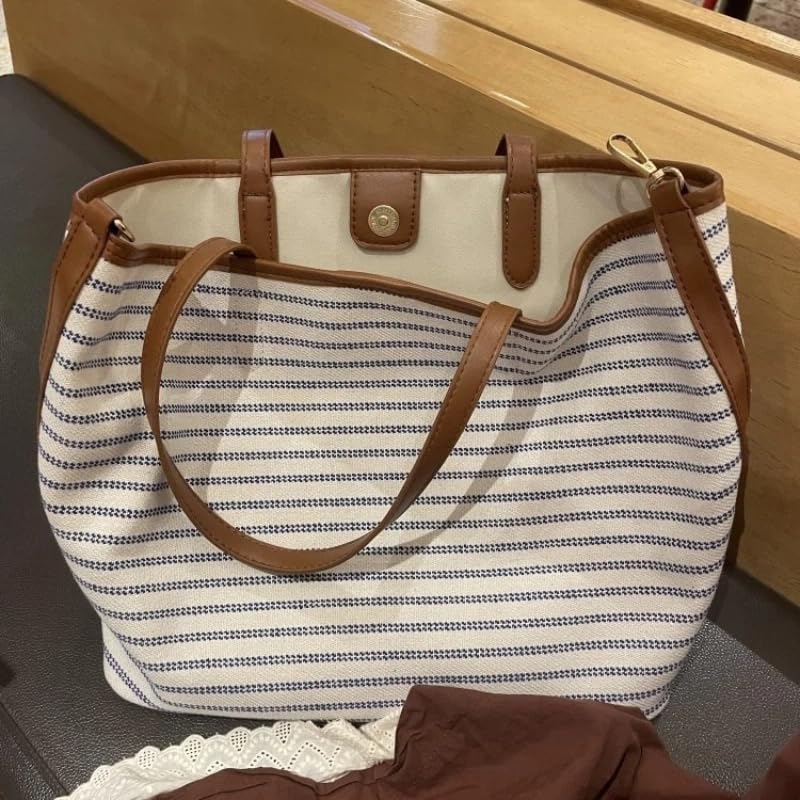 Bolso tote para mujer, de gran capacidad con rayas, estilo informal y relajado para trabajo, bolso de hombro de lona con cierre magnético miniatura 5