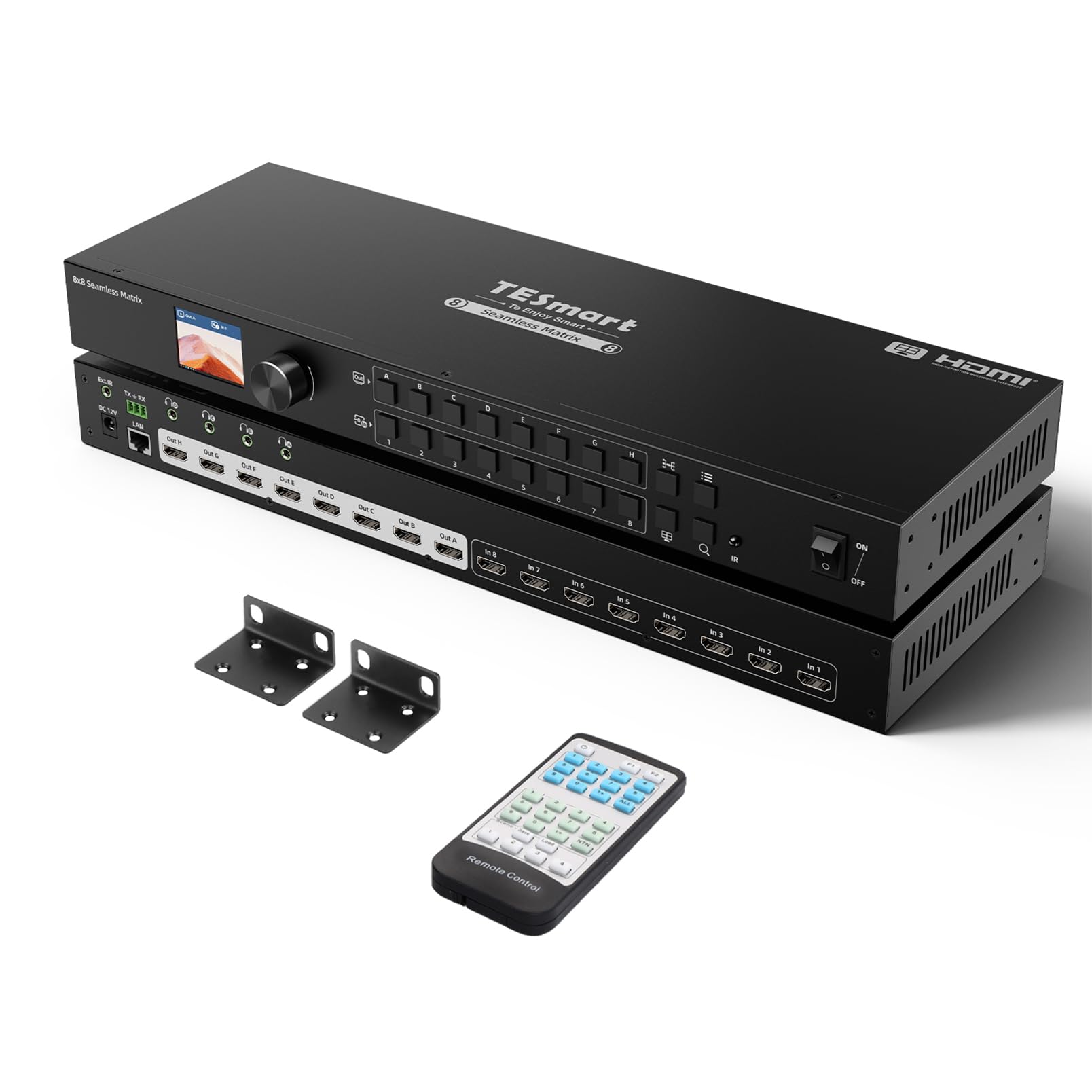 TESmart Matrice HDMI 8x8 (8 in 8 out): 1080p@60Hz, Seamless Switching(100ms), Quad-View, 4 Audio Indipendente. Controllo IR/Pannello/LAN/RS232. Display LCD. Per Broadcast/Pro AV.