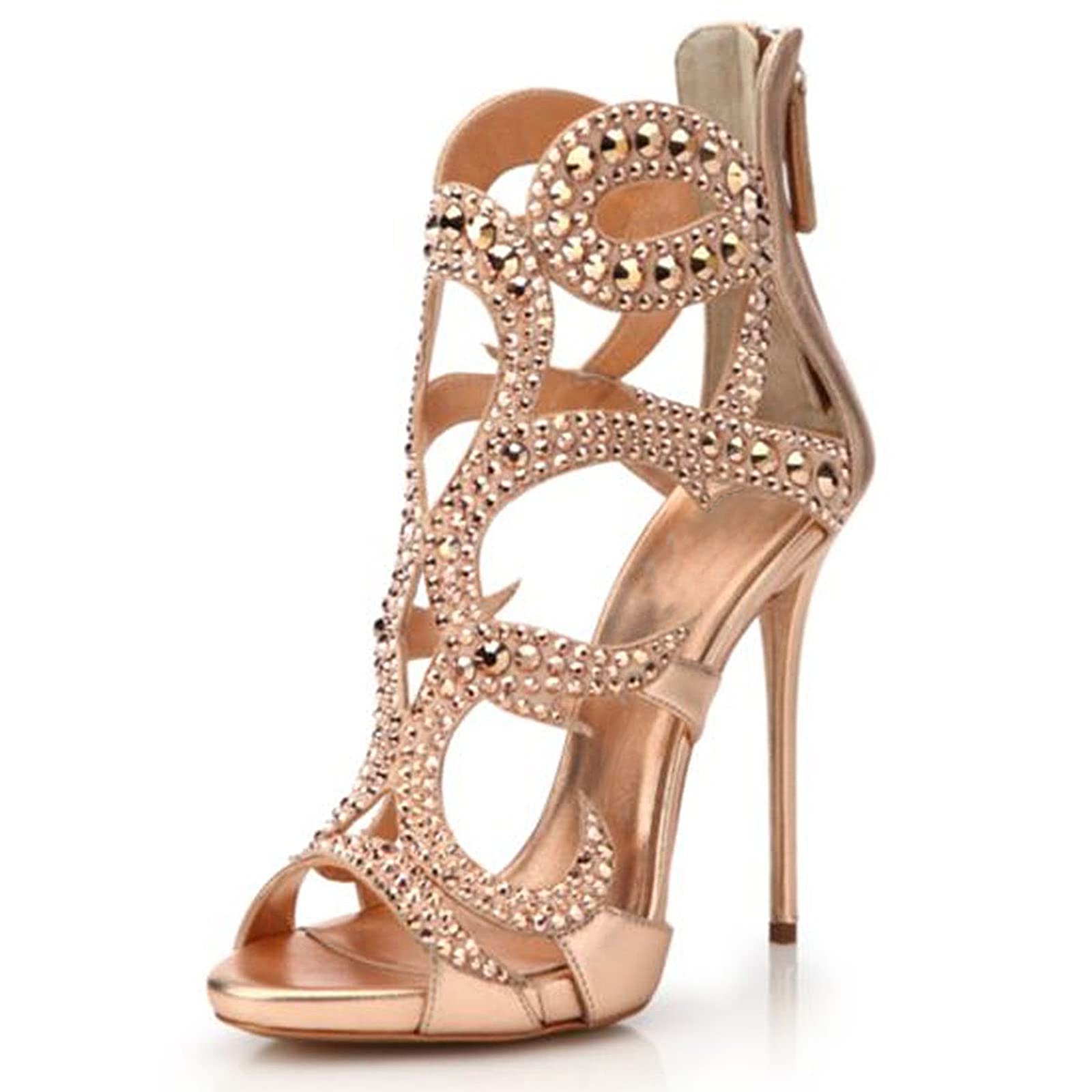 Dames Holle hoge hakken Open teen Strass sandalen met hak Ronde Vismond  Kunstmatige PU Stiletto schoenen Gouden Bling Handgemaakte schoenen (Rose  Goud ...
