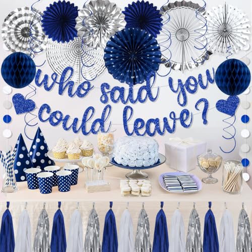 Image of Roetyce Farewell Party Decorations Women Men, Blue Glitter Who Said You Could Leave Banner, Blue Silver Going Away Leaving Goodbye Party Supplies for Coworker Friend, Retirement Photo Background Decor