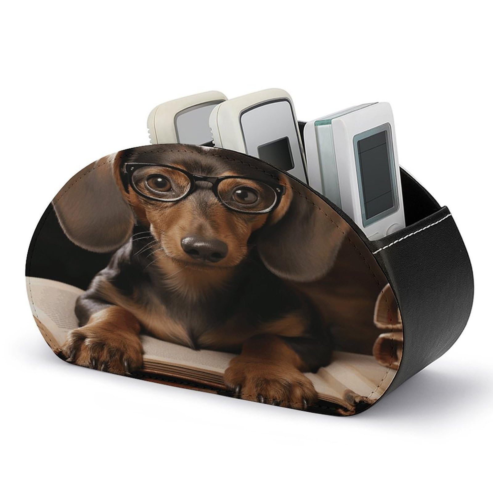 VstaDank Dachshund Book Remote Control Holder Farmhouse TV Media Remote Storage Box with 5 Compartments PU Leather Remote Caddy Desktop Organizer for Home Bedside Table Organizer
