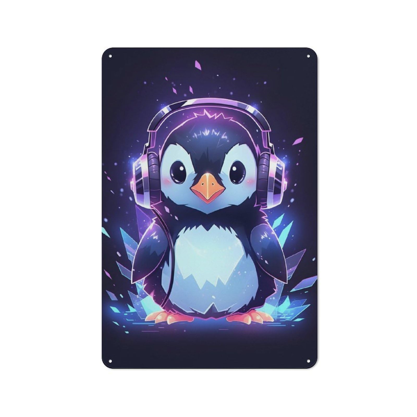 Junmoney Ice Penguin Headphones Garage Style Decorative Metal Plaque 30X20cm, Garage Wall Decor For Workshop, Basement, Shed Or Games Room
