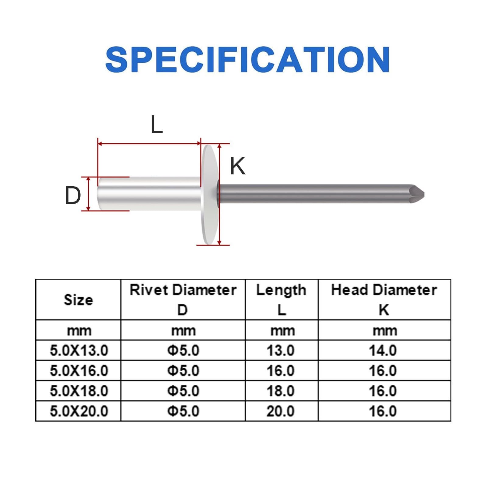 100 Stück Blindnieten mit Großem Flansch, 5X20X16mm Wasserdichte Aluminium