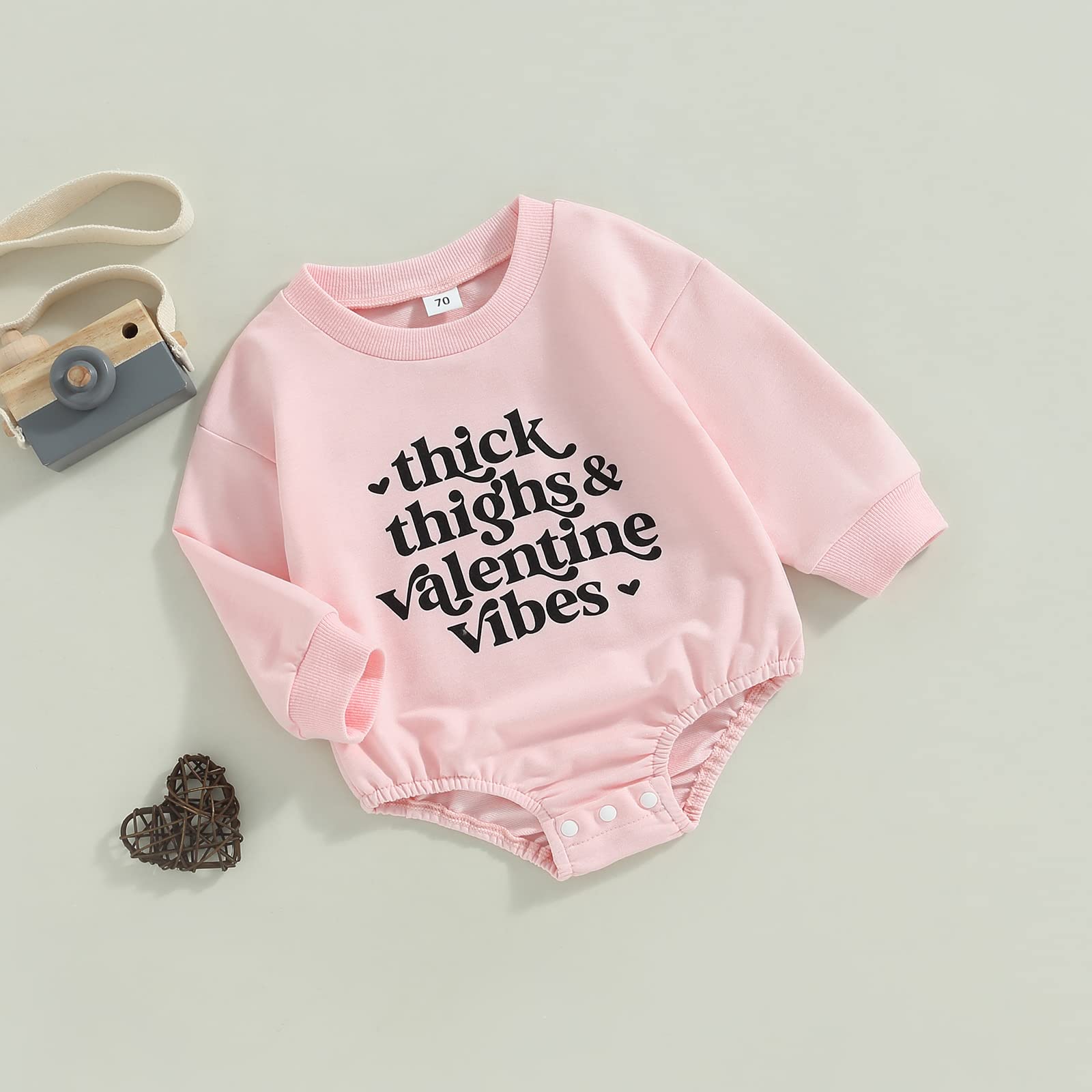 Newborn Baby Girls Valentine's Day Romper Sweatshirt Long Sleeve Letters Print Bodysuit Pullover Tops (Thick Thighs Pink, 6-12 Months)