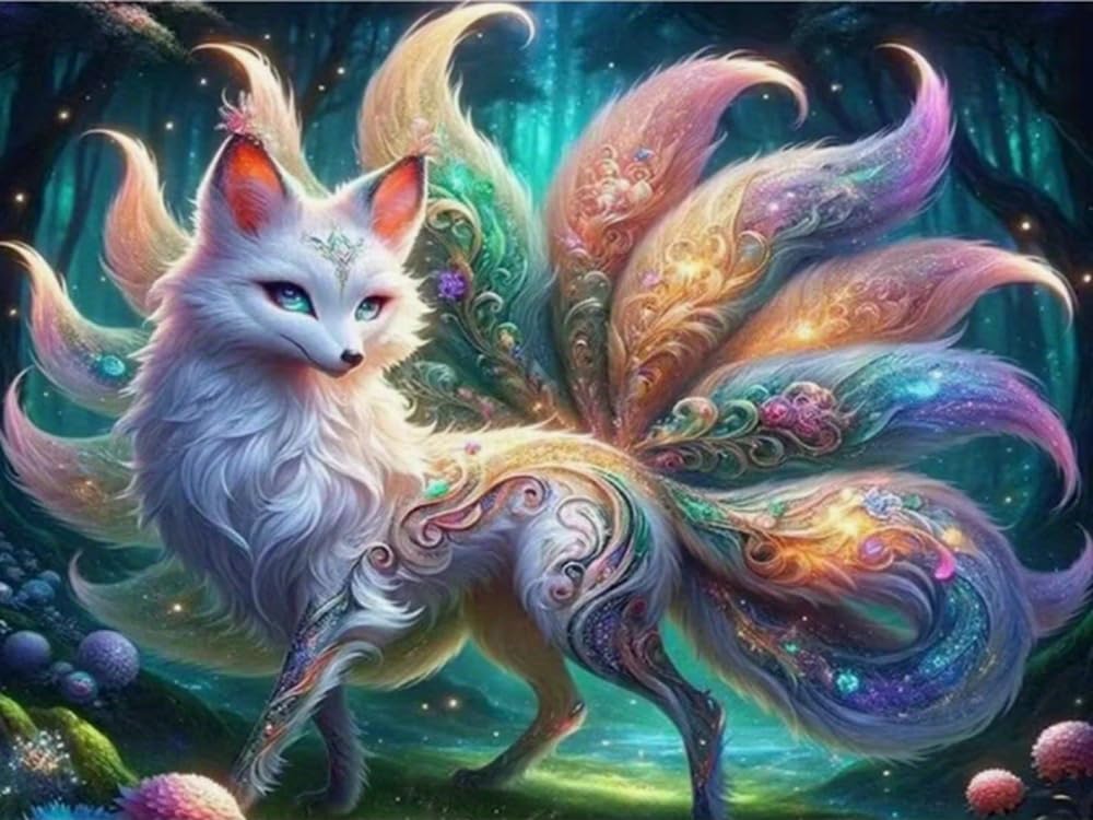 Renqidian 5D Adults Diamond Painting Kits Nine-Tailed Fox Round Crystal Rhinestone Painting by Numbers Diamonds Arts Craft Living Room Decor 40x50 cm