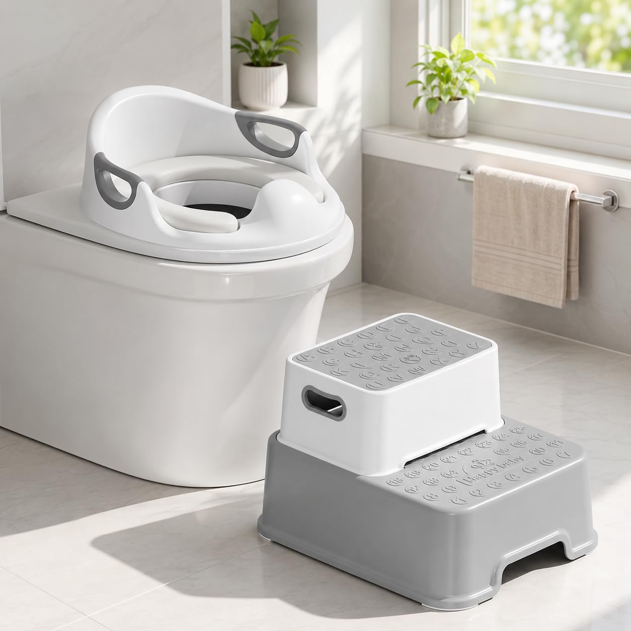 MAMIZO Riduttore WC Bambini con Sgabello Scaletta 2 Gradini, Riduttore Water Bambini, Adattatore Water per Bambini con Paraspruzzi e Maniglia per l'uso su WC Rotondi e Ovali, Adatto a Bambini 1-8 Anni