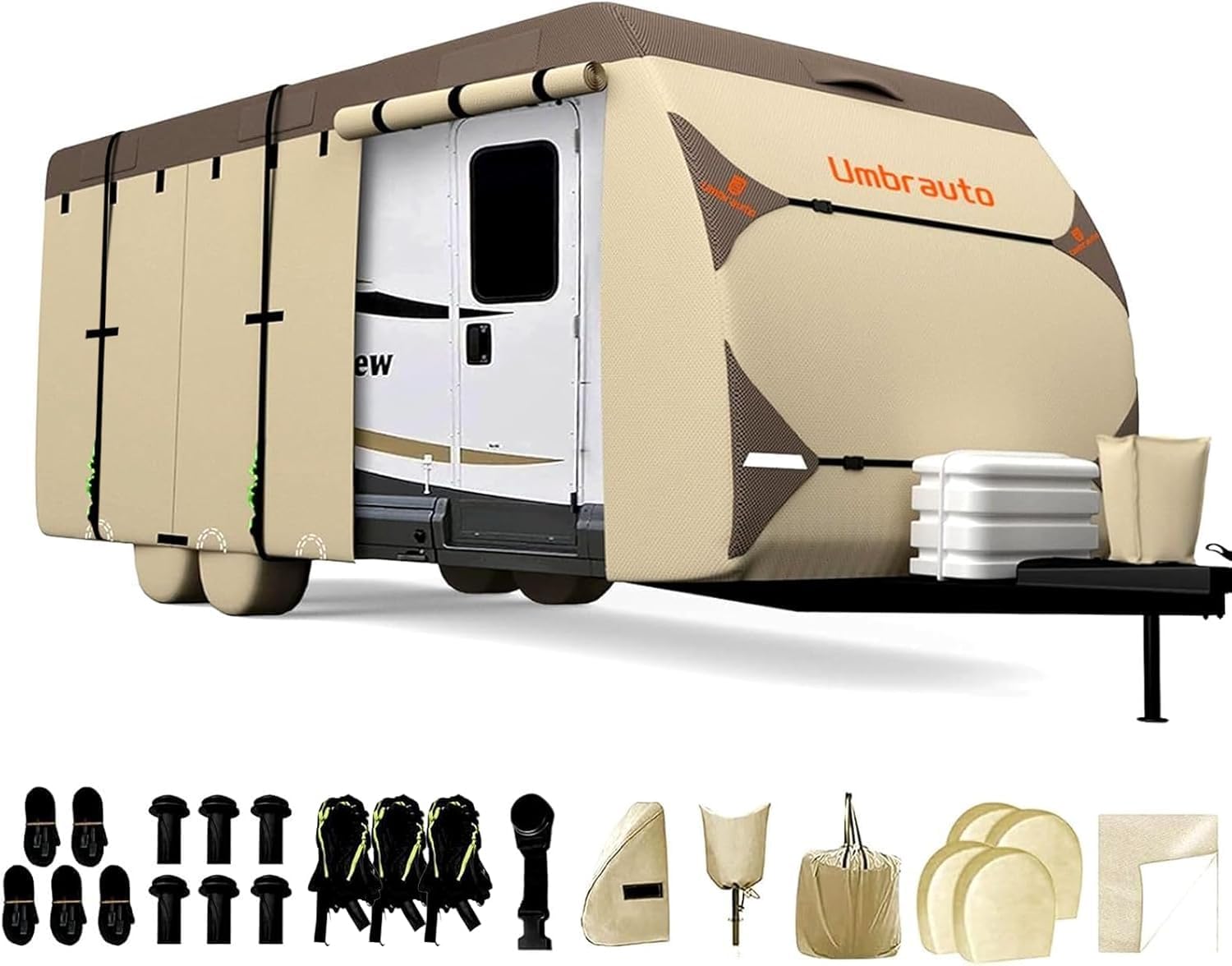 Umbrauto Travel Trailer RV Cover – Upgraded 7-Layer Top Camper Cover, Waterproof & Windproof Trailer Cover for 30'-33' RV, Includes 4 Tire Covers, Tongue Jack Cover and Gutter Cover