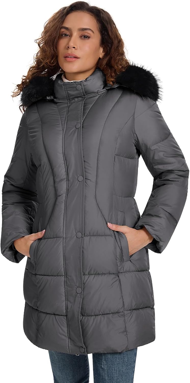 HOTIAN Women's Winter Puffer Down Coat Long Thickened Padded Parka Warm Jacket with Faux Fur Detachable Hooded - Image 2