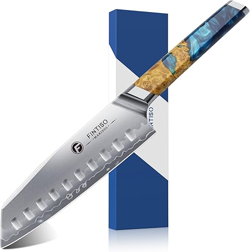 FINTISO Santoku - Cuchillo de cocina de 7 pulgadas, núcleo de acero en polvo S35VN para carnes y verduras, cuchillo de chef japonés de acero