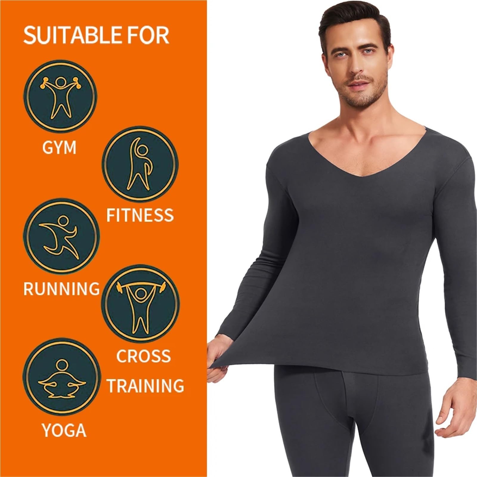 Conjuntos Térmicos Para Hombre Ropa interior térmica cepillada for hombre, conjunto de pantalones de manga larga con cuello en V, sin costuras, cómodos, de invierno Para El Running, El Esquí(Deep-Grey