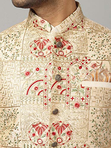 Image of Uri and MacKenzie Men's Silk Blend Regular Kurta Churidar Pyjama with Bundi Nehru Jacket /Waistcoat