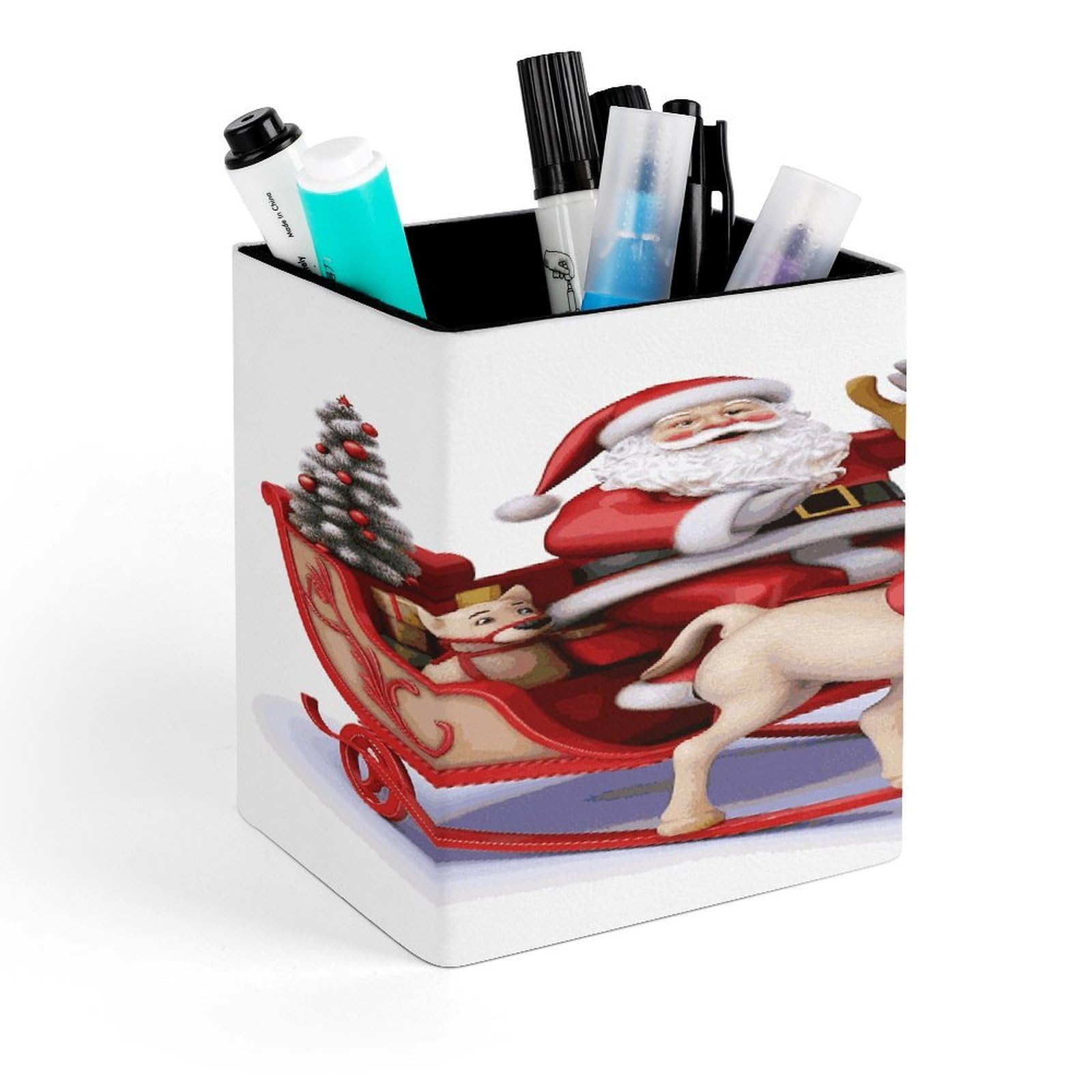 FekiLoot Santa Claus Reindeer Sled Pen Holder for Desk Minimalist Leather Pencil Holder Fashion Modern Pencil Cup Decorative Square Pen Cup Locker Organizer for Office Work Locker Accessories
