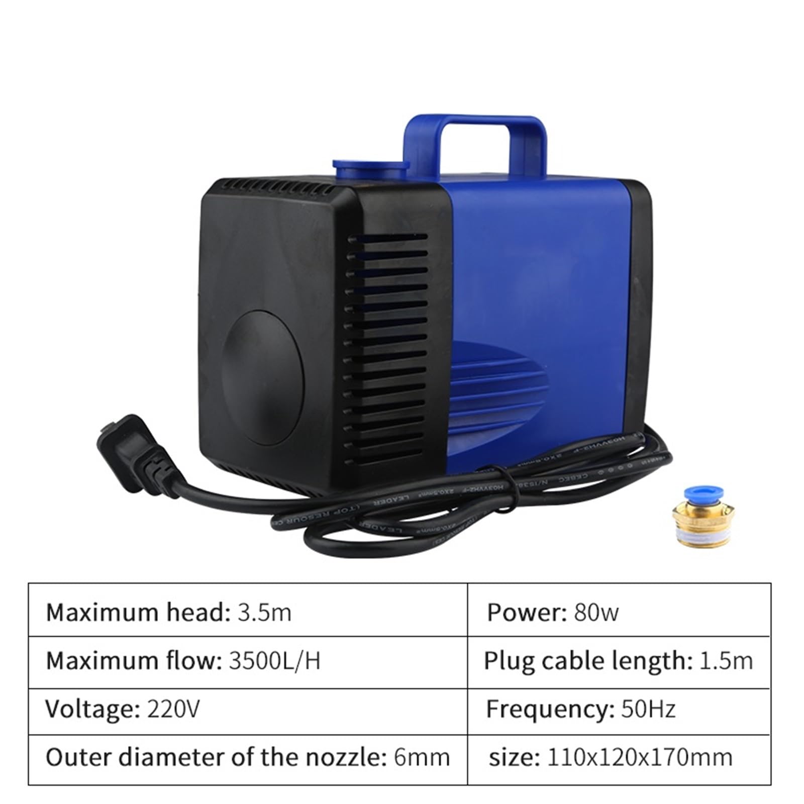 Conjunto refrigerado por agua de 1,5 kW, 4 rodamientos, inversor de 220 V, fijación de 80 mm y bomba de elevación de 3,5 m, cable de 10 mm.