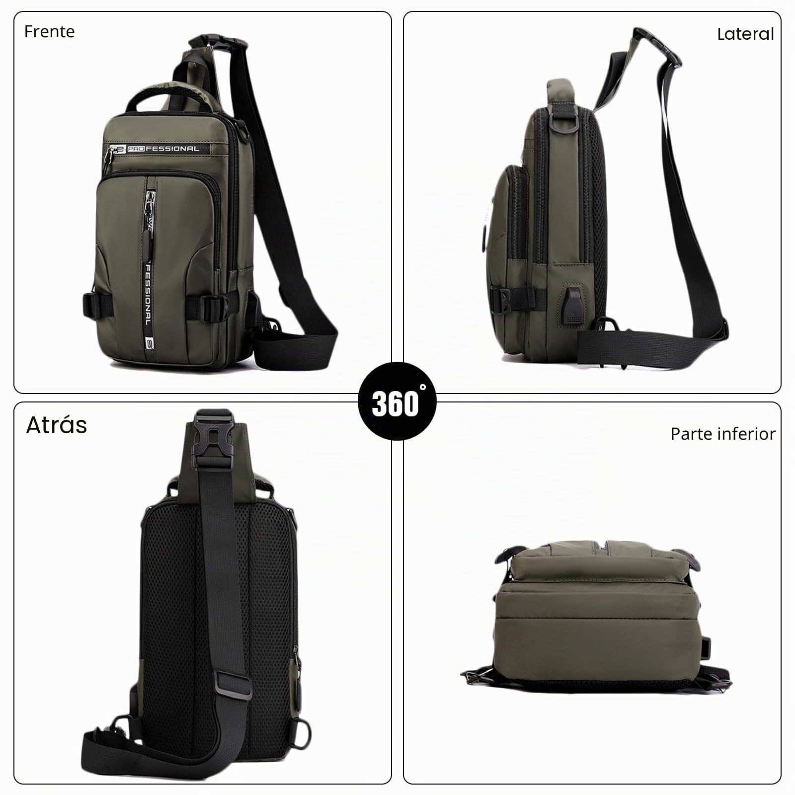 FANDARE Bolsa Cruzada Bolsa de Pecho Bolso de Hombro Hombre Bolso Hombro Bolsa de Pecho on Puerto de Carga USB Mochila de Viaje Bandoleras Bolso de Bandolera Escolar Sling Bag Caqui