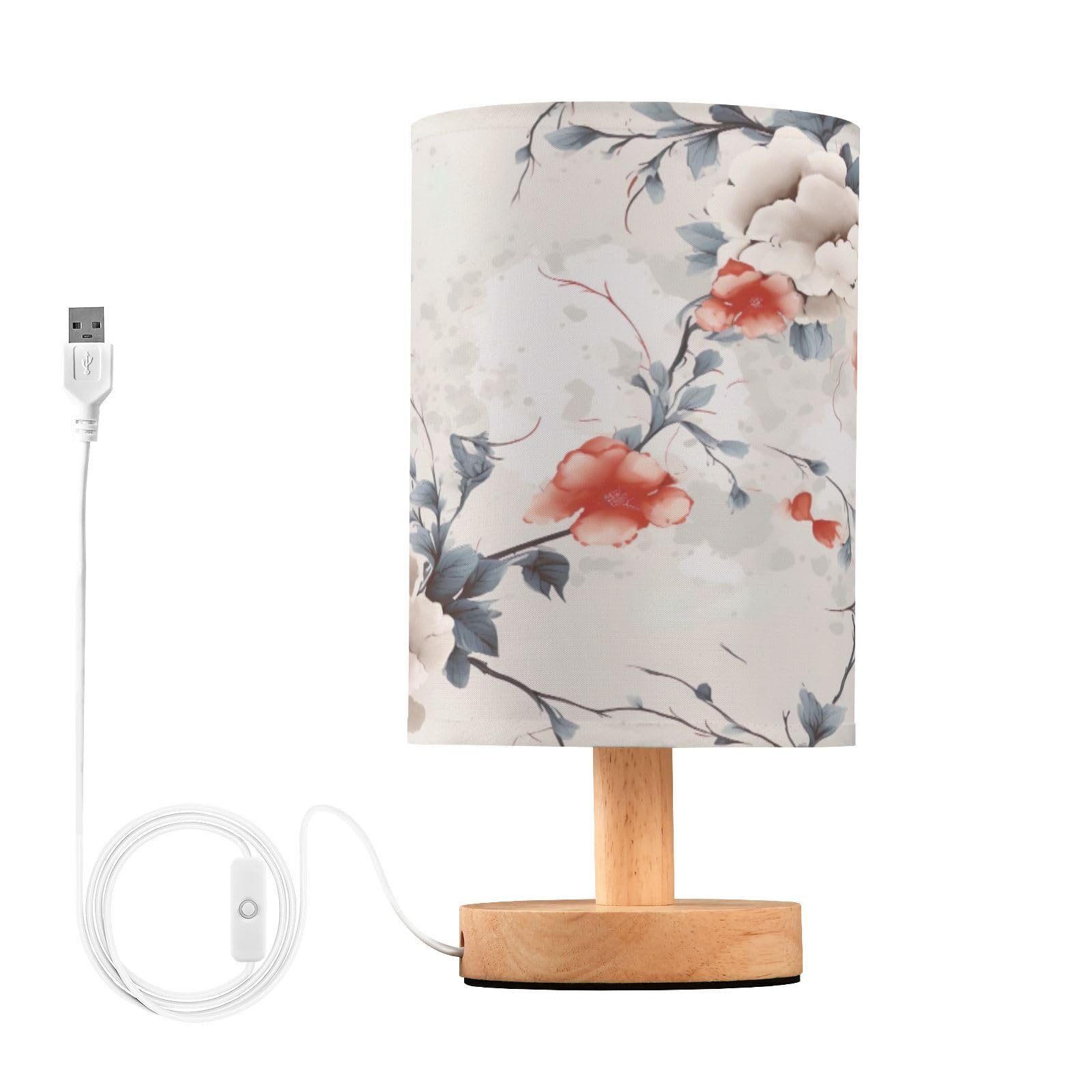 SDMKA Oriental Flowers Bedside Table Lamp for Bedroom, Minimalist Nightstand Lamp with Round Fabric Shade for Living Room, Office, No Bulb Required