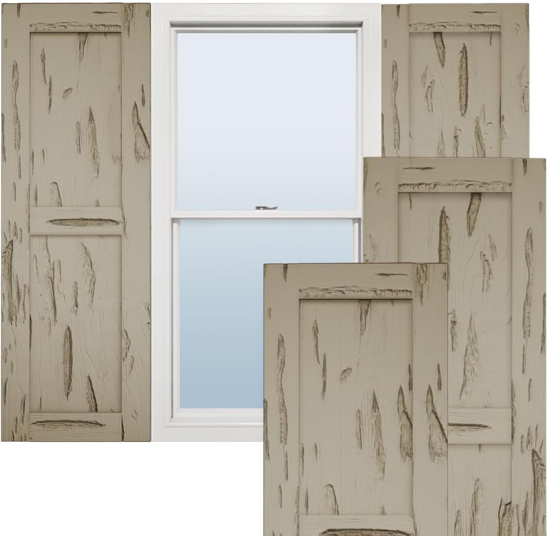 Ekena Millwork 18"W x 80"H Rustic Two Equal Panel Flat Panel Pecky Cypress Faux Wood Shutters (Per Pair), Primed Tan