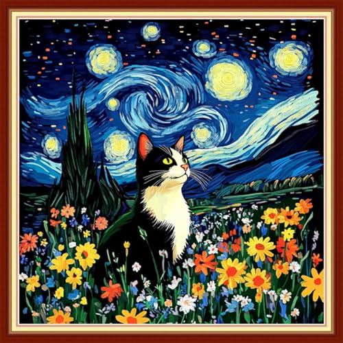 Image of Redxing Stamped Cross Stitch Kits Embroidery kit for Beginners Adults Full Range of Embroidery Patterns Starter Kits DIY Printed Cross Stitch Kits Needlepoint Kits 11CT-Van Gogh Starry Cat 18x18 inchs