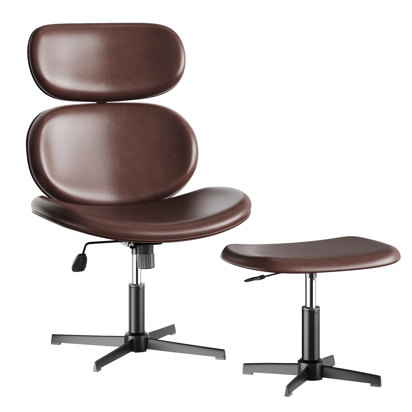 Bestier Swivel Modern Chair with Ottoman No Wheels, PU Criss Cross Reading Chair with Extended Headrest & Adjustable Seat, Modern Armless Ergonomic Chair for Living Room, Dark Brown