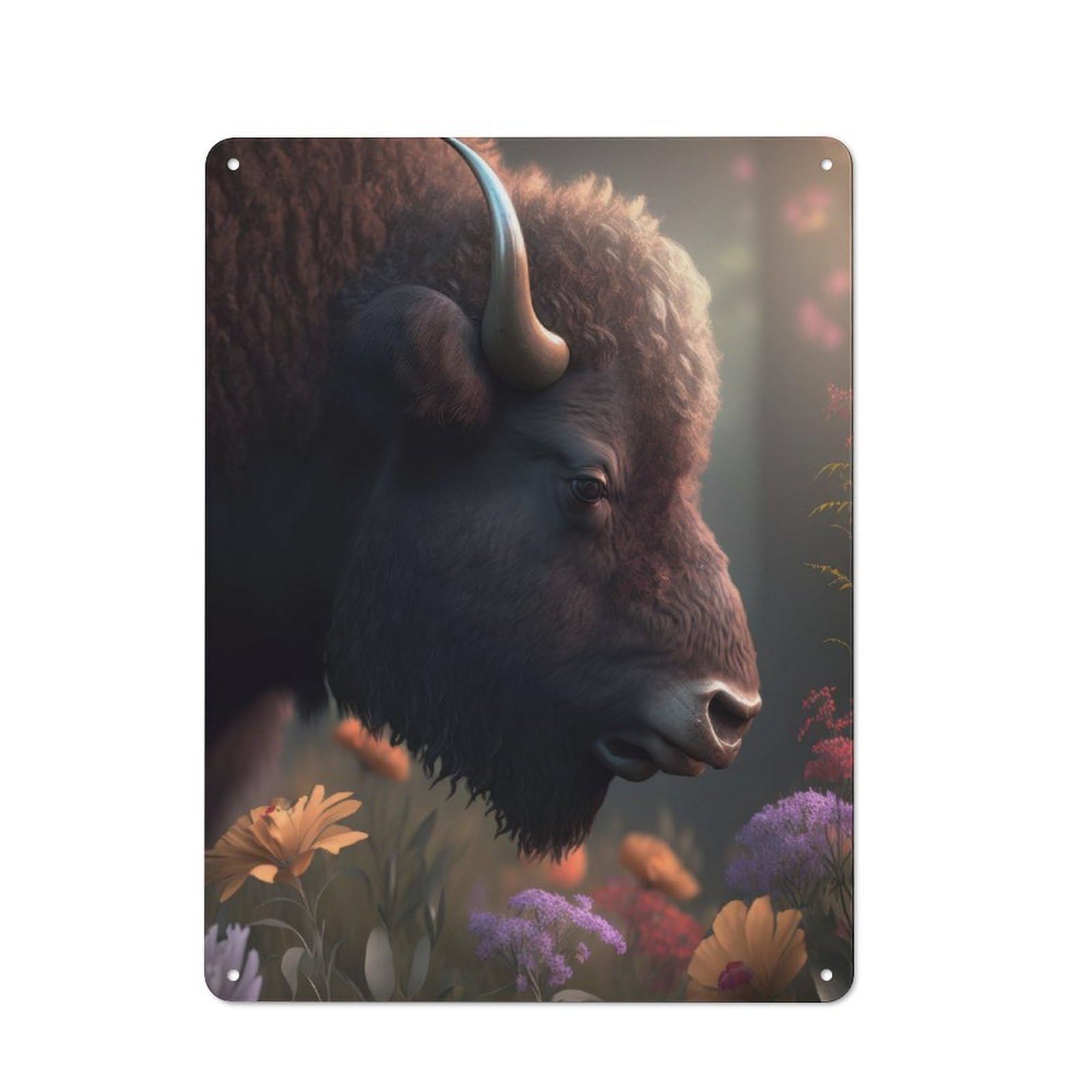 Junmoney Bison With Flowers Field Tin Wall Plaque 40X30cm With For Garage Or Workshop, For An Autumn Wall Display In Garage And Workshop