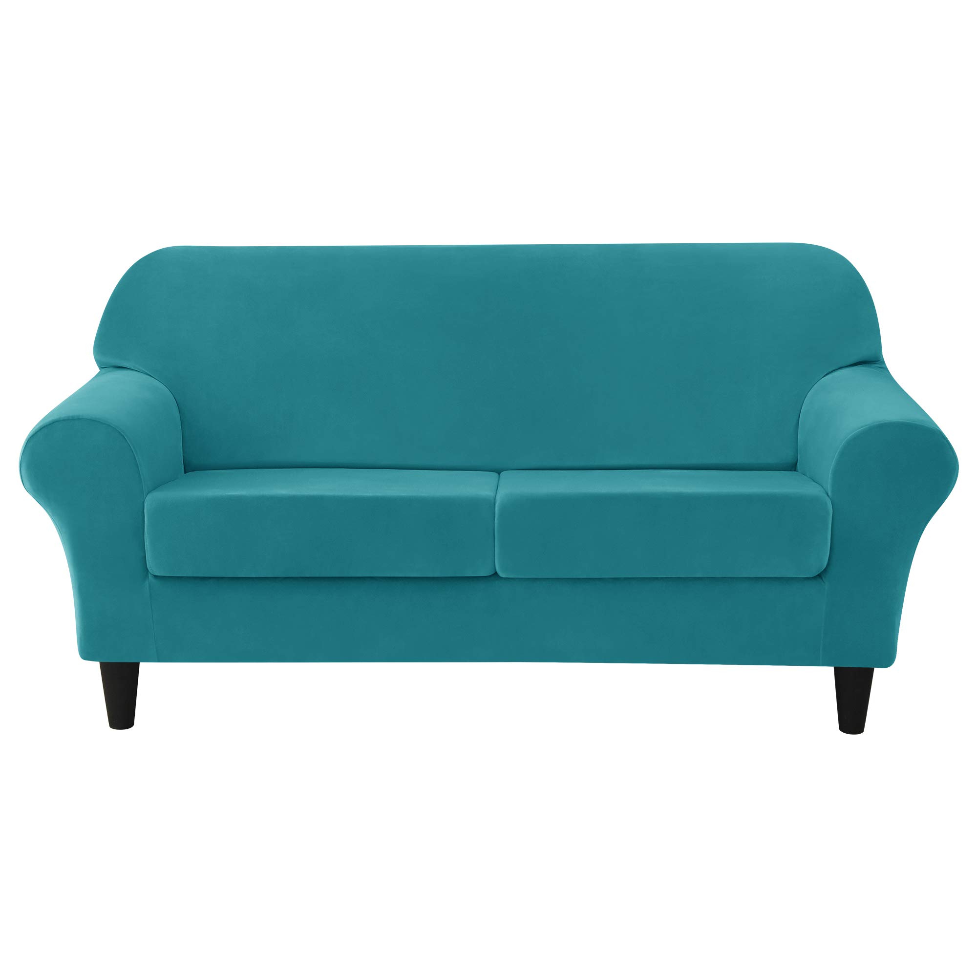 CONRUSER Stretch Sofa Slipcover, Soft Velvet Sofa Covers for 2 Cushion Couch Thick Furniture Protector for Pets & Kids (Turquoise, M)