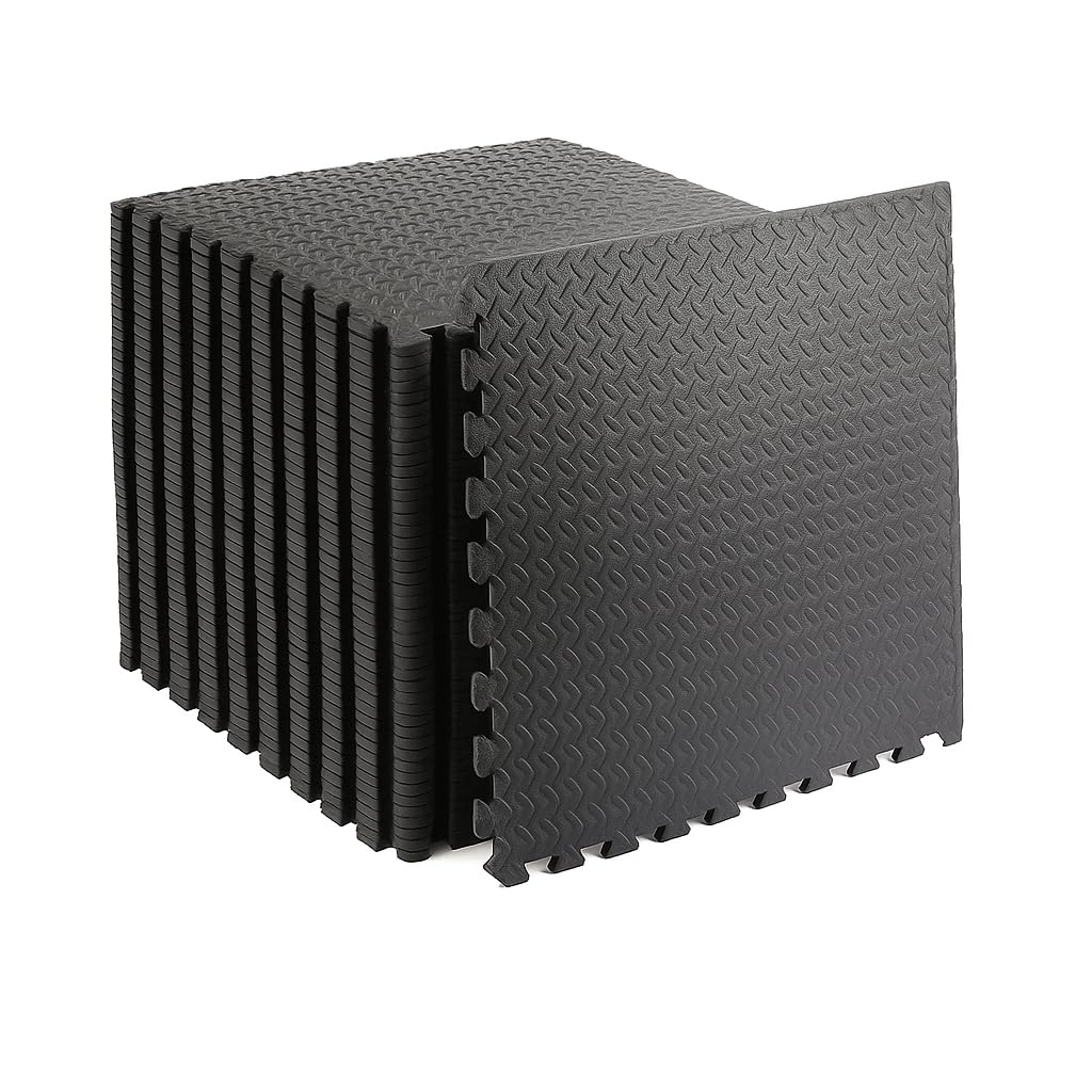 Interlocking EVA Foam Floor Mats – 60x60cm Soft Exercise Tiles for Gym, Home, Garage, Yoga, Kids Playroom – Protective, Non-Slip Puzzle Mats for Workouts & Weights (Black Leaf, 12 Mats (48sq.ft))