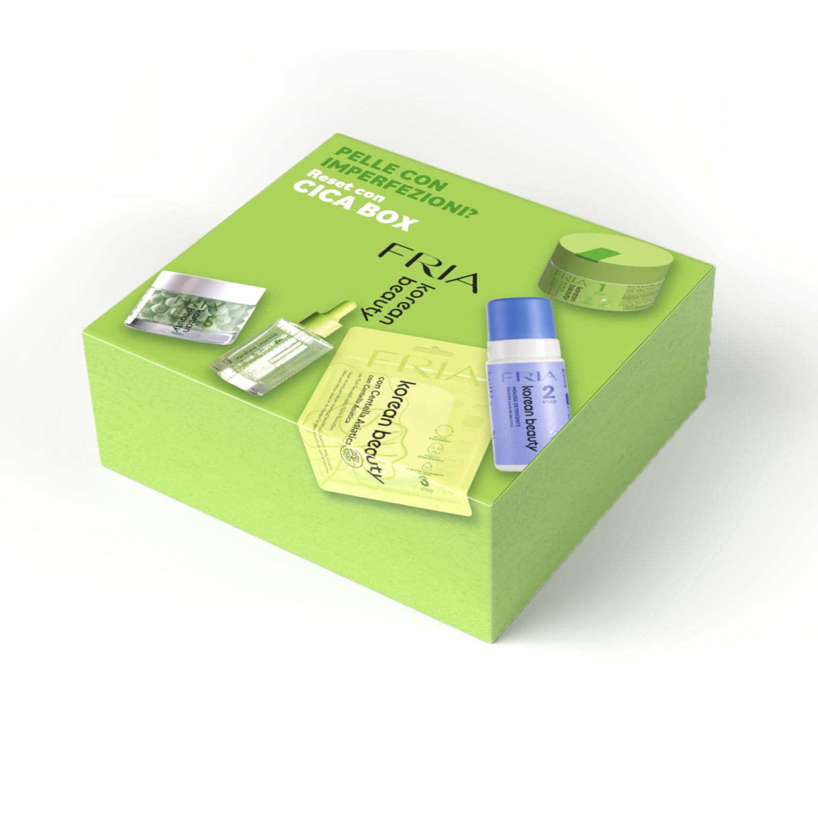 Fria Korean Beauty Cica Box, Kit Skincare Viso Anti Imperfezioni con Centella Asiatica, Burro Struccante + Mousse + Maschera + Siero + Crema, Dermatologicamente Testato