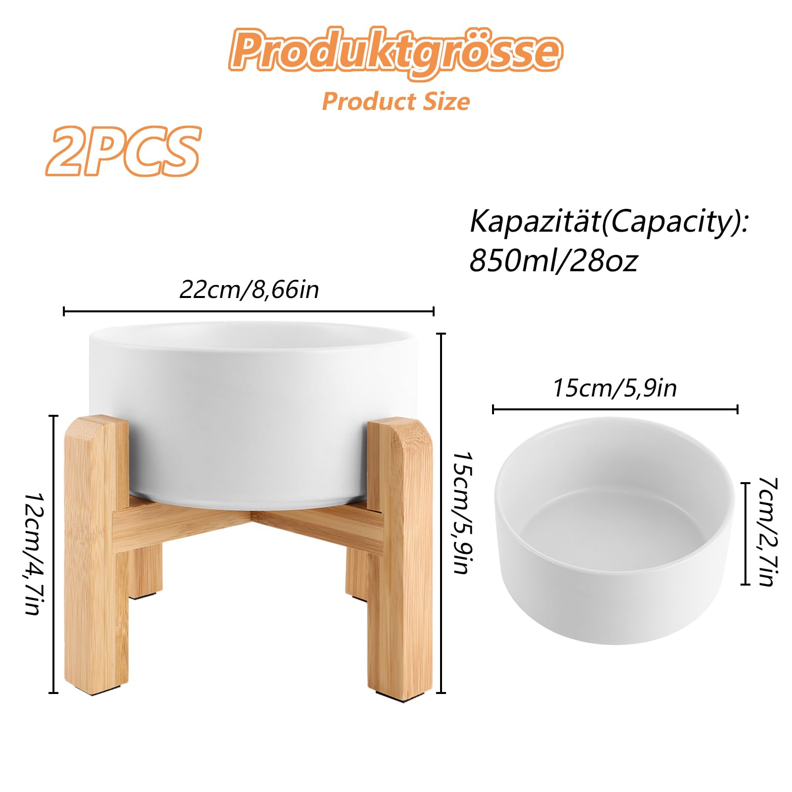 Oungy Ceramic Raised Dog Bowl with Bamboo Stand - 2 Pack with Non-Slip Mat, Ceramic Dog Bowl for Dogs and Cats (850ml, White) - Image 2
