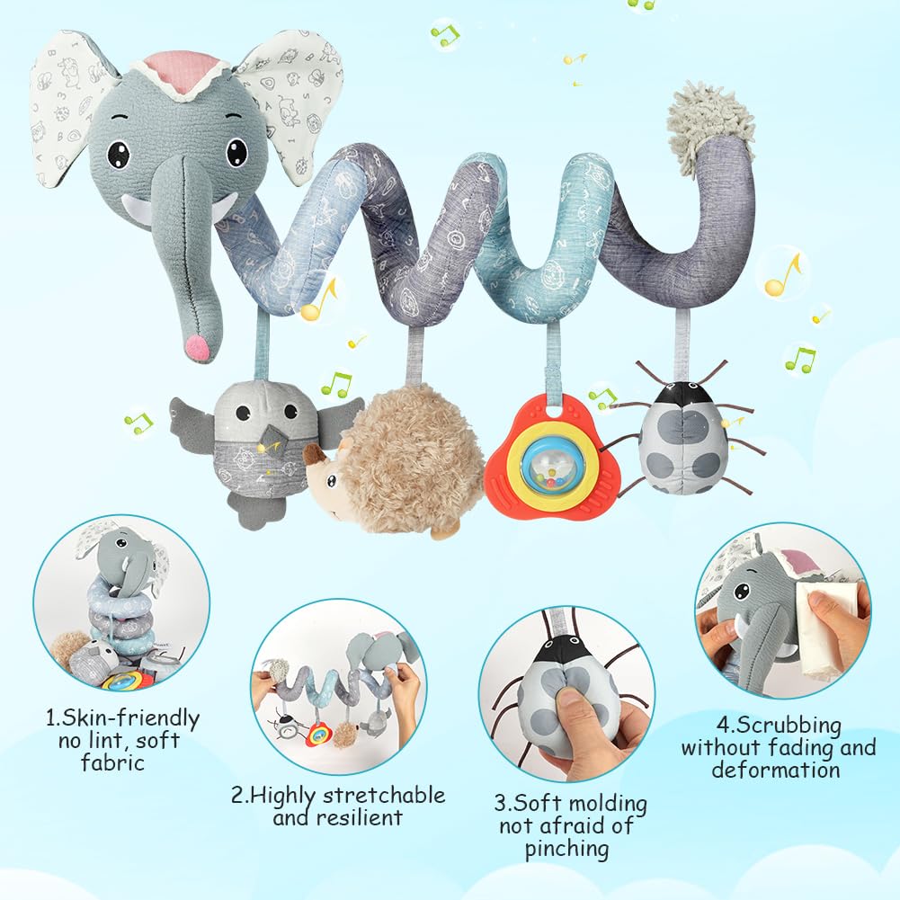 Vicloon Giocattolo a Spirale Passeggino Neonato, Giochi Passeggino Neonati Regalo per 0 3 6 Mesi, Passeggino Educativo Spirale di Peluche Neonato, Elefante Grigio