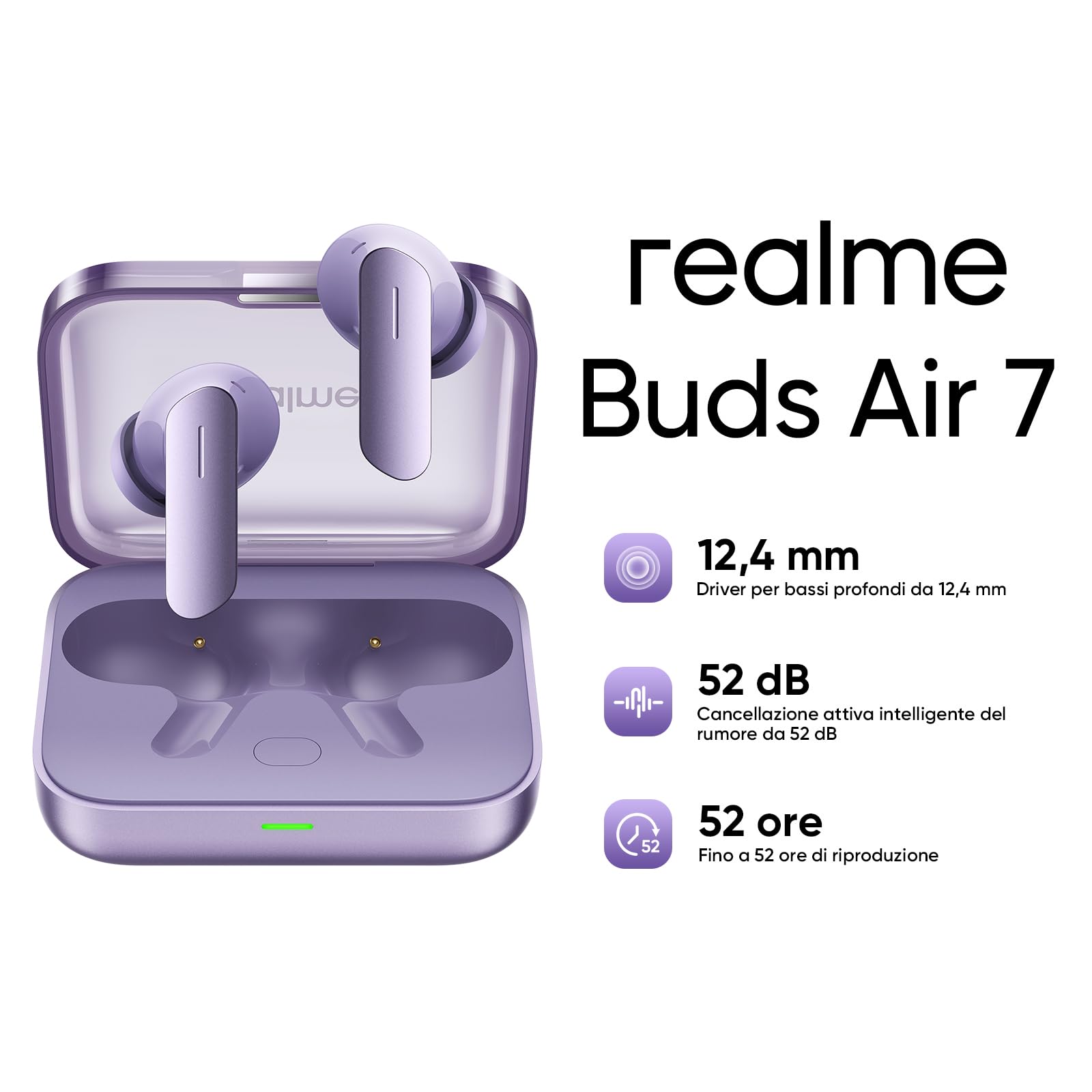 realme Buds Air 7 Cuffie Bluetooth Wireless, Driver Bass 12,4 mm, 52 h di Riproduzione, ANC 52 dB, 6 Microfoni ENC, Bassa Latenza 45 ms, Audio Spaziale, Hi-Res LHDC, IP55, Viola Lavanda