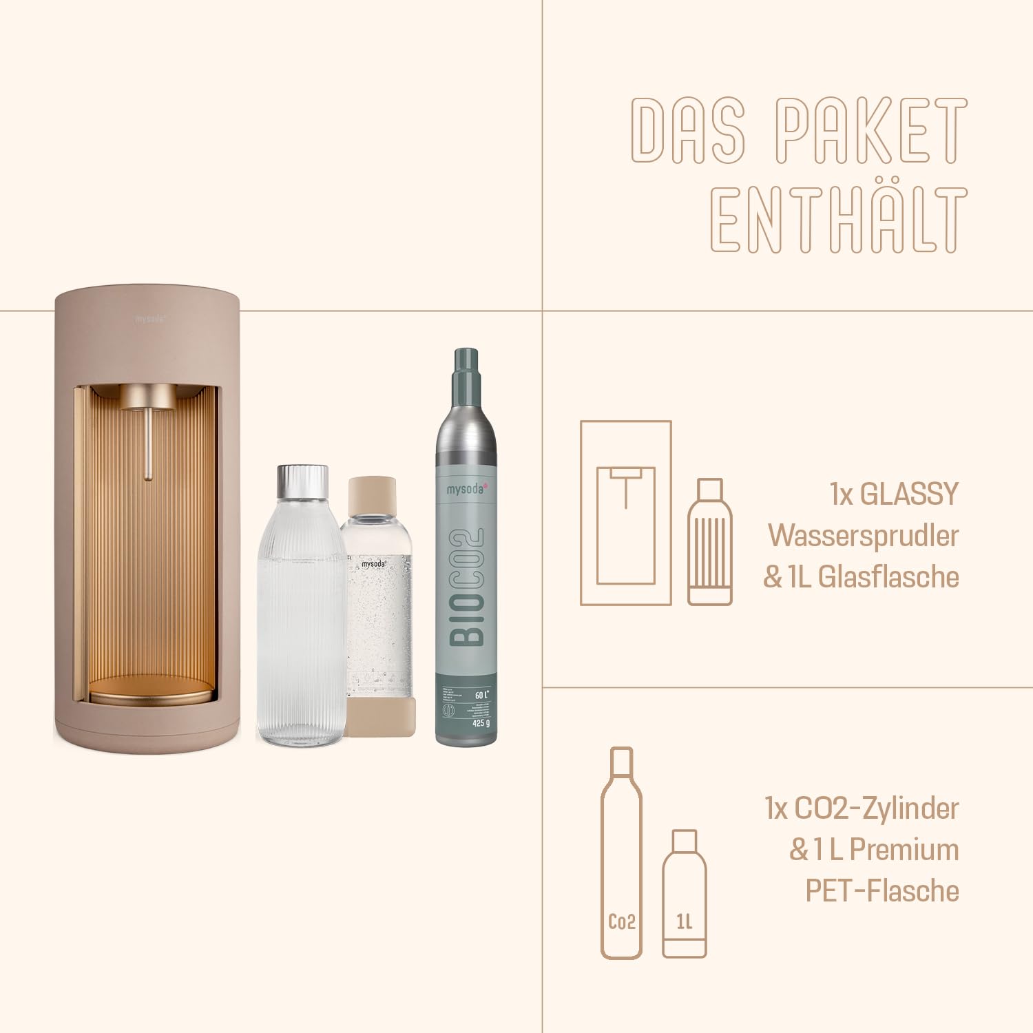 Mysoda: Glassy Wassersprudler aus Holzkomposit mit CO2-Zylinder und 1L Glasflasche & BPA-Frei 1L Plastikflasche - Latte