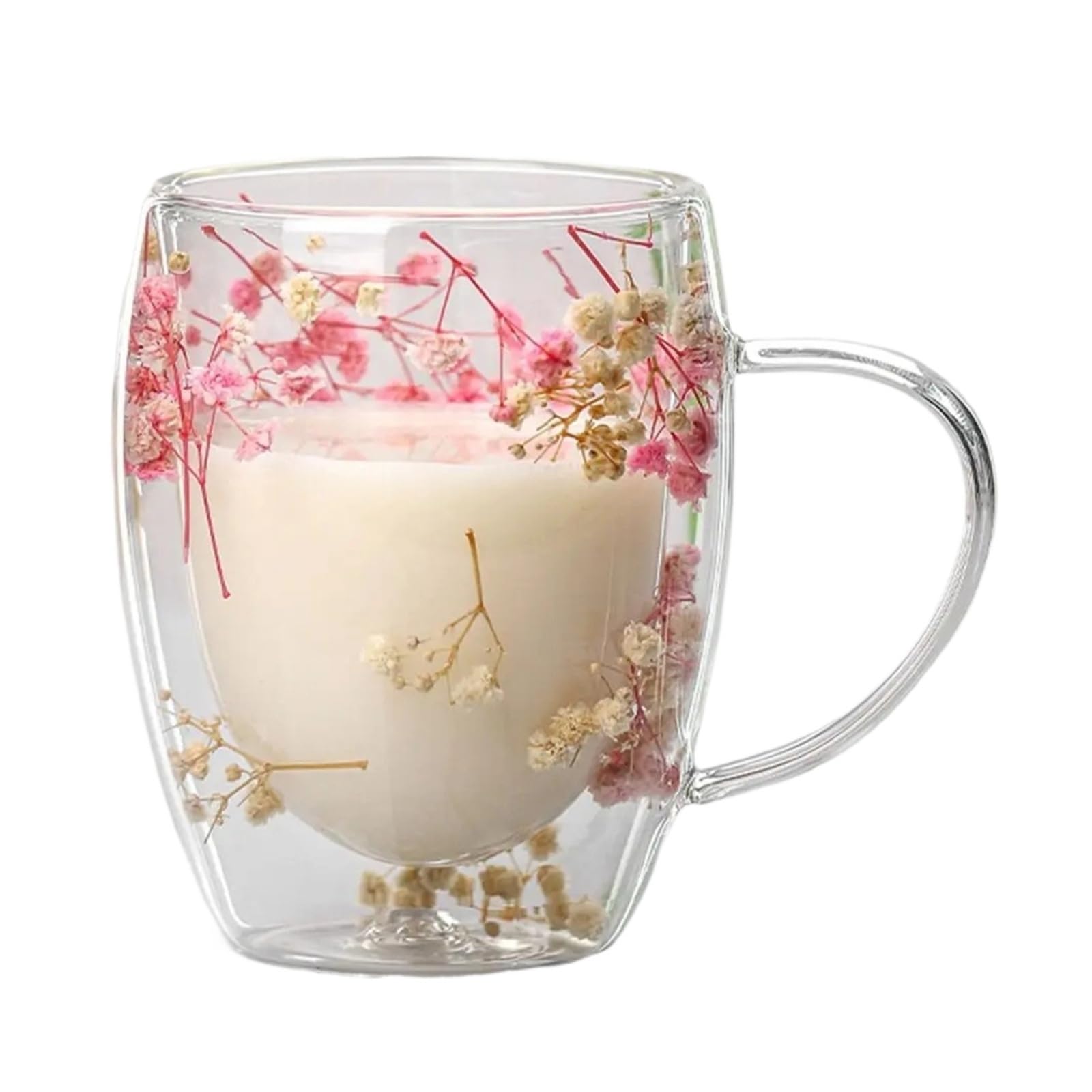 KristallgläSer Doppelwandiger Glasbecher Mit Getrockneten Blumen, 350 Ml, Kaffeebecher Mit Trockenen Blumen, Dekorativer Blumenbecher, Doppelwandiger Blumenbecher(Pink)