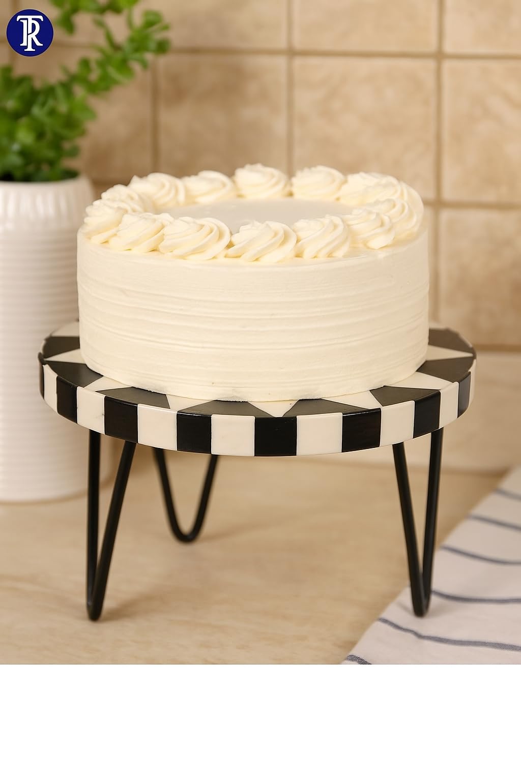 The RAAVYA Handcrafted Wooden Cake Stand with Twisted Metal Legs Black White Geometric Quill Design 10 Inch Round Opulent Display Tray for Cakes Pastries Cupcakes Weddings Birthdays Cafes & Gifting 1