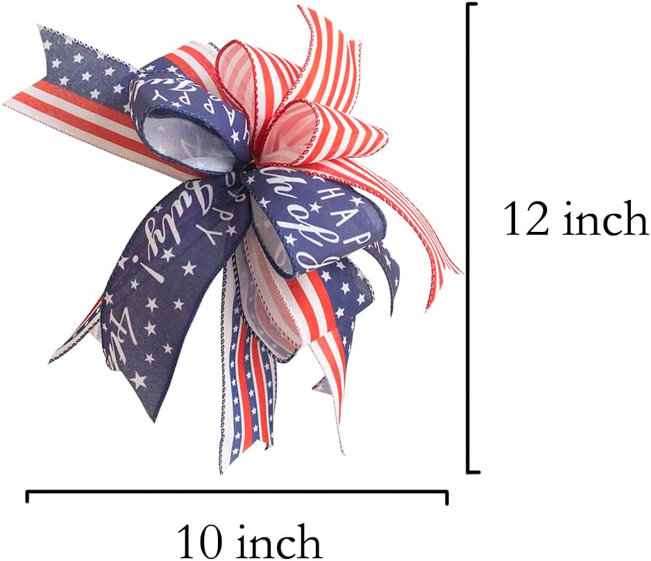 Patriotic Wreath Bows,Independence Day Bow 12 inch for 4th of July Wreath Decorations, Patriotic Ribbon Bow,Memorial Day Decorations,Mailbox Bow July 4th Bow, Tree Topper Bow