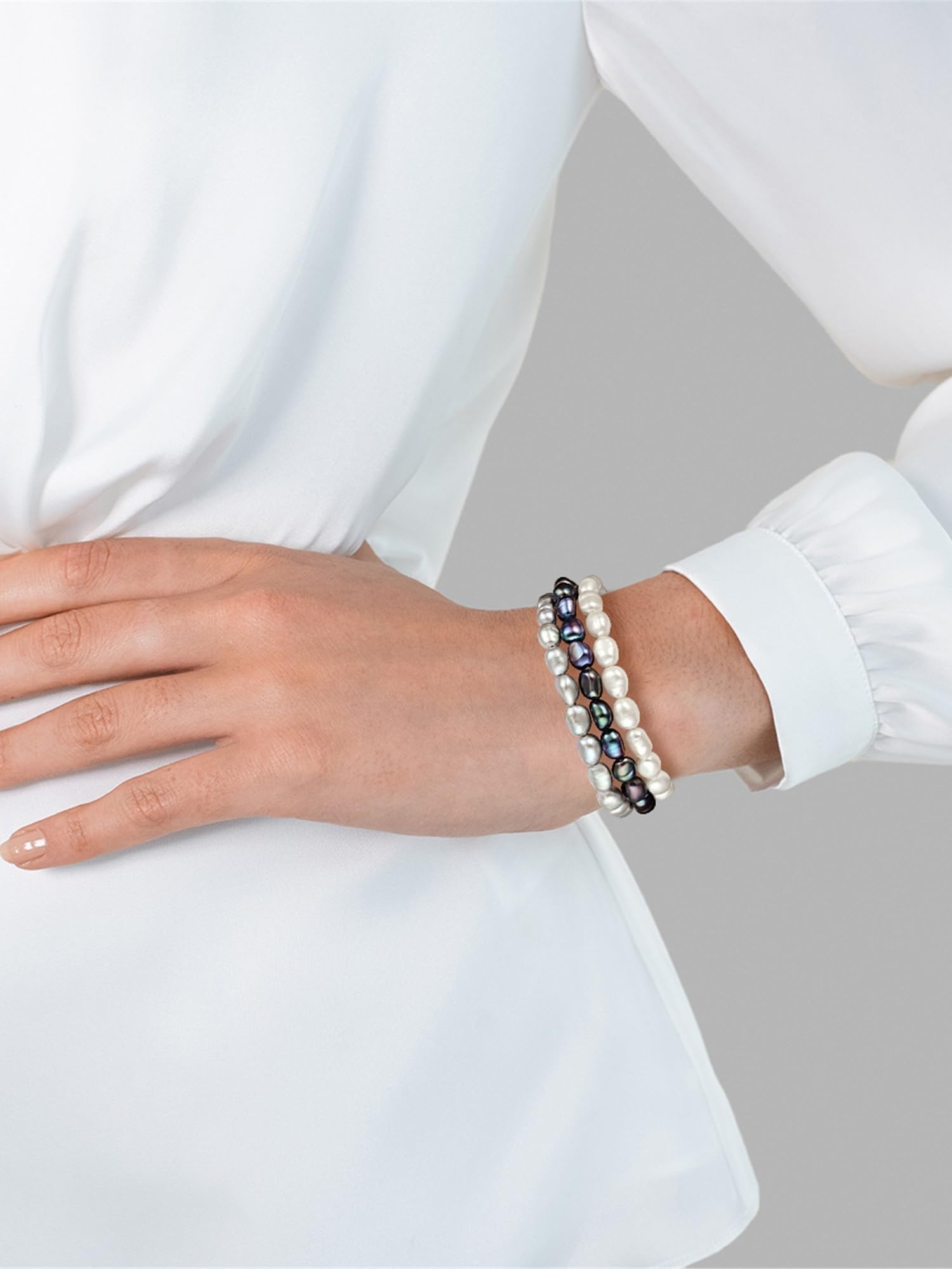 Valero Pearls Damen Armband mit barock Süßwasser-Zuchtperle ca. 7,0-8,0 mm Perlenarmband 3 er Set