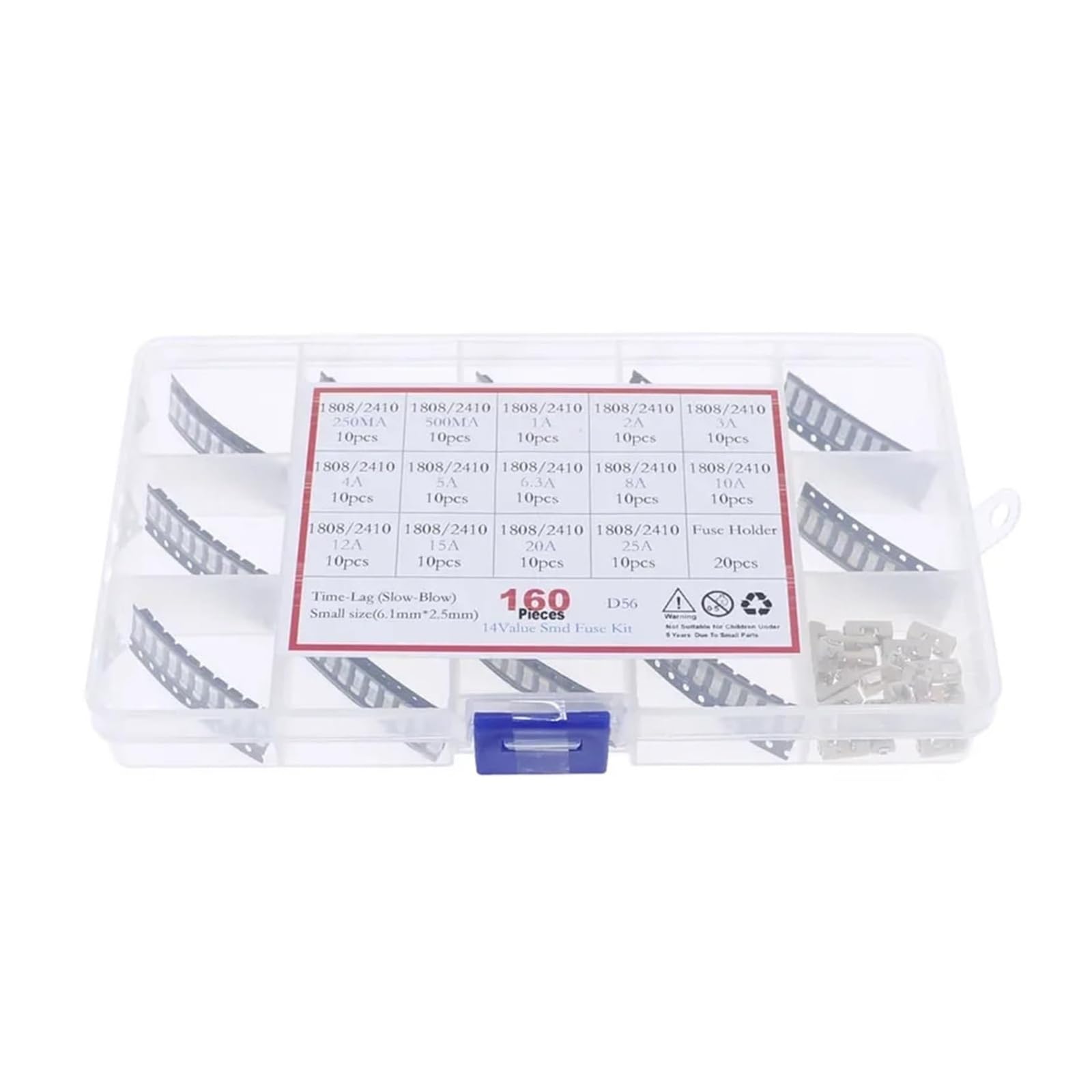 Fusibile di rete domestico in ceramica, 160 pezzi 15 valori 250 V 1808/2410/6125 Kit assortimento di fusibili lenti in ceramica SMD 250 mA 500 mA 1 A 2 A 4 A 5 A 6,3 A 8 A 10 A 12 A 15 A 20 A 25 A