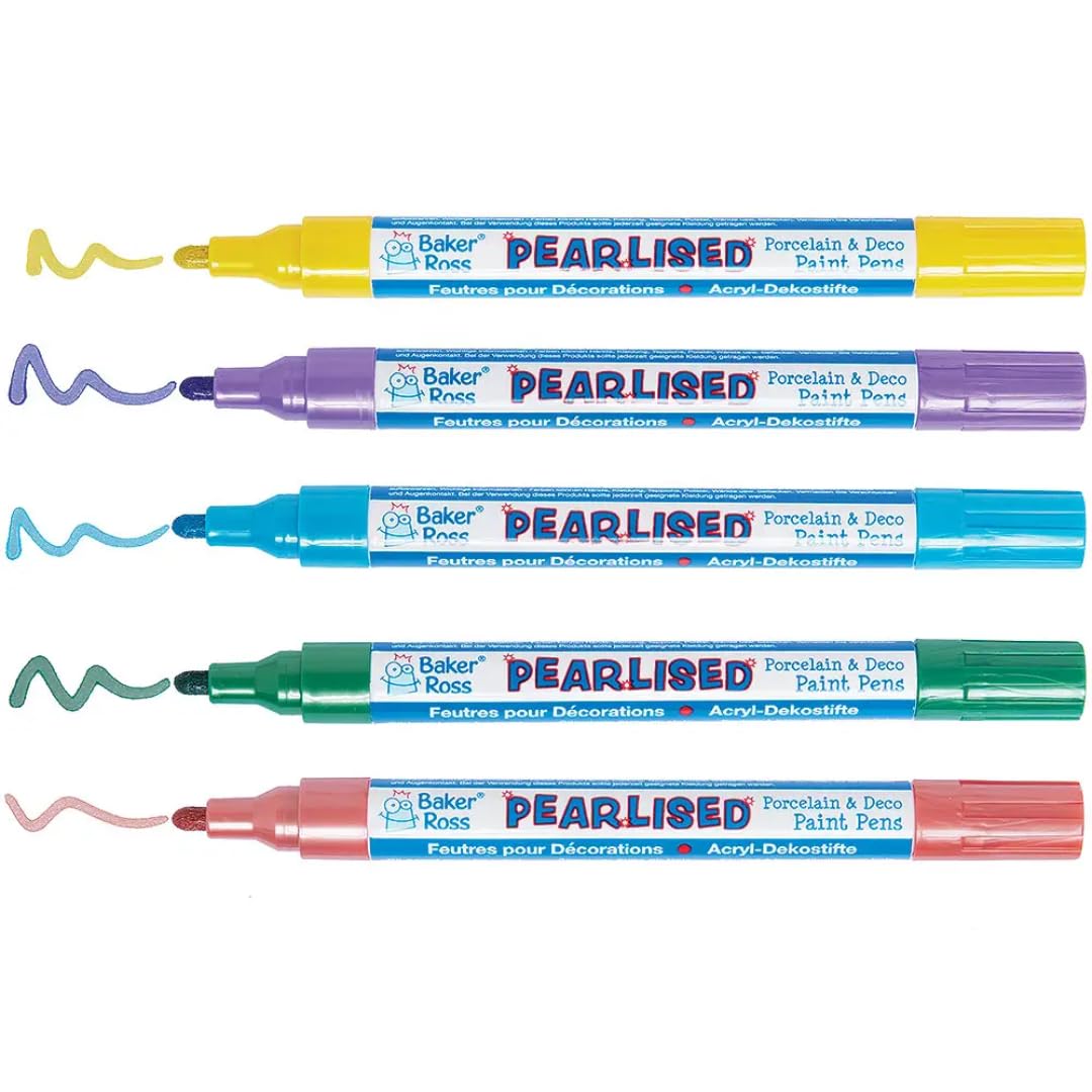 Baker Ross WA146 Pearlised Porcelain & Deco Paint Pens Pack A - Pack of 5, Glossy Paint Pens for Ceramic and Craft Decorating