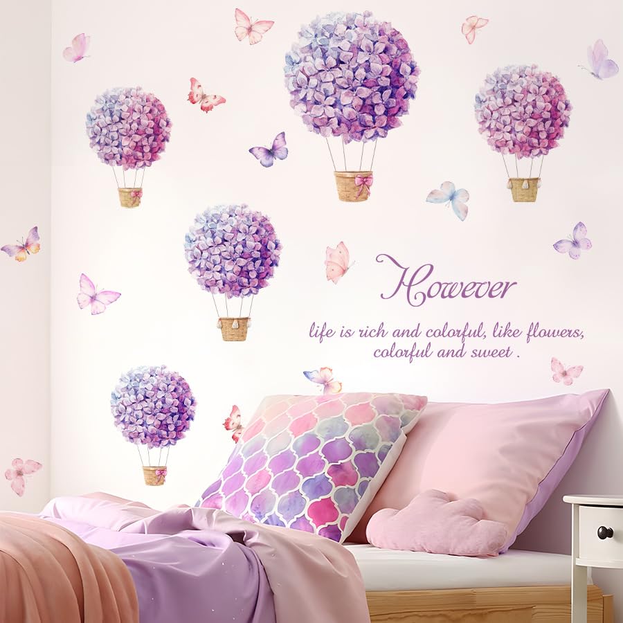 Fufuquare Vinyl Purple Flower Hydrangea Wall Stickers Inspirational Lettering Quotes Sayings Butterfly Wall Decals for Girls' Bedrooms and Living Rooms