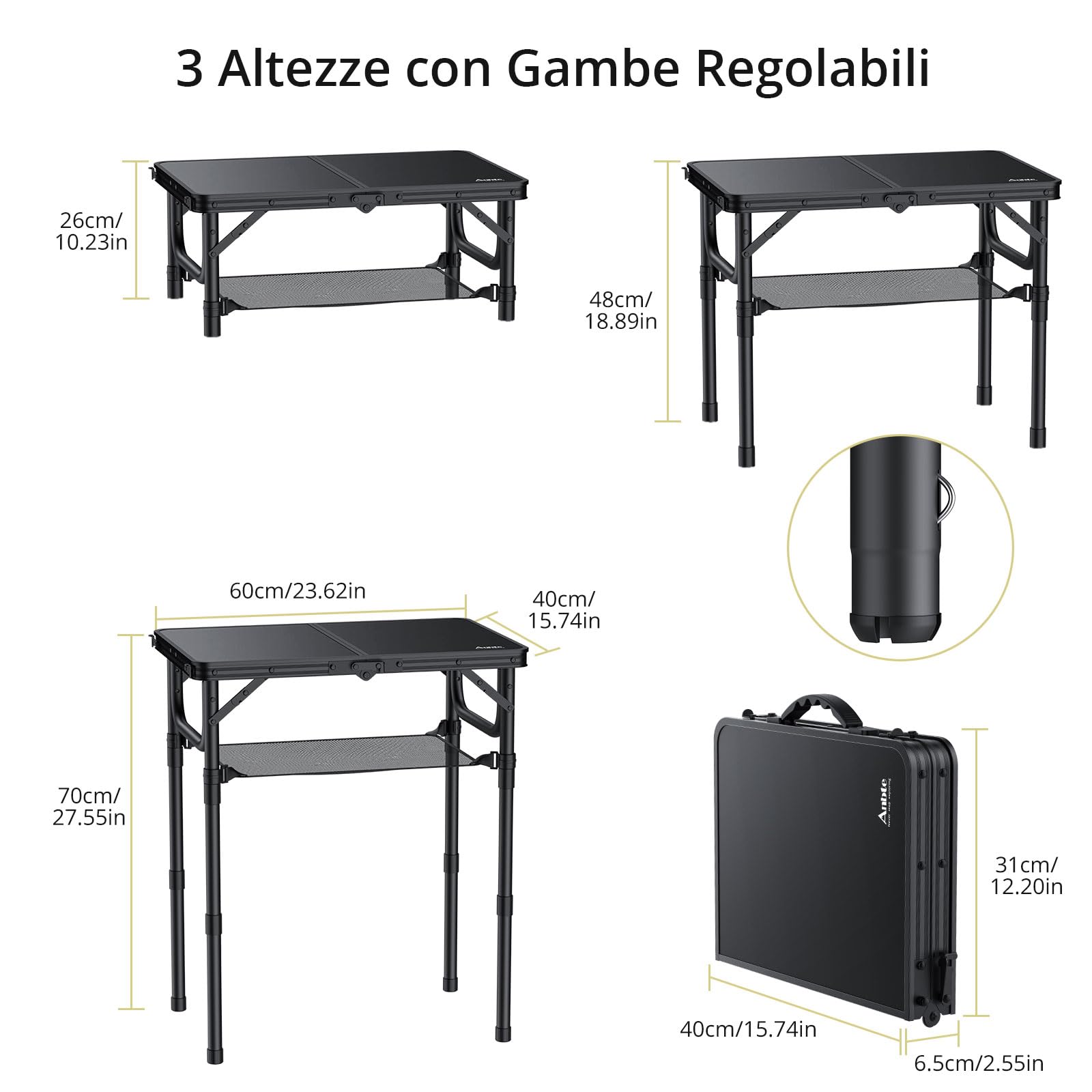 Anbte Tavolo Pieghevole da Campeggio 59x40x67cm Tavolino da Caffè 3 Regolabili in Altezza Con Rete di Immagazzinaggio,Tavolino Portatile da Picnic/Barbecue/Giardino/Fiera-Nero