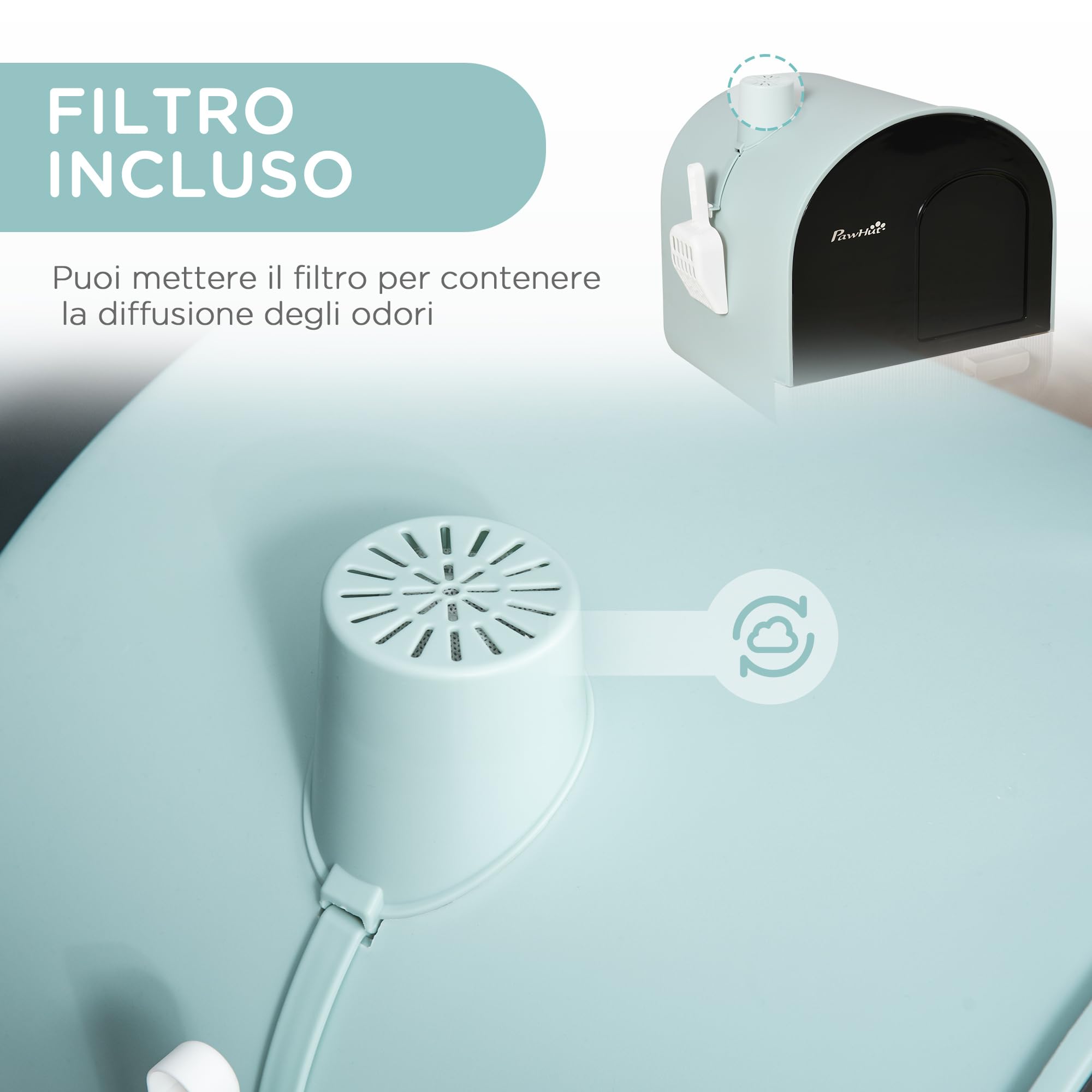 PawHut Lettiera per Gatti Chiusa, Casetta con Vassoio Estraibile, Paletta, Porta e Filtri Antiodore, Toilette per Gatti Antipertita con Tappetino, Verde, Bianco e Nero