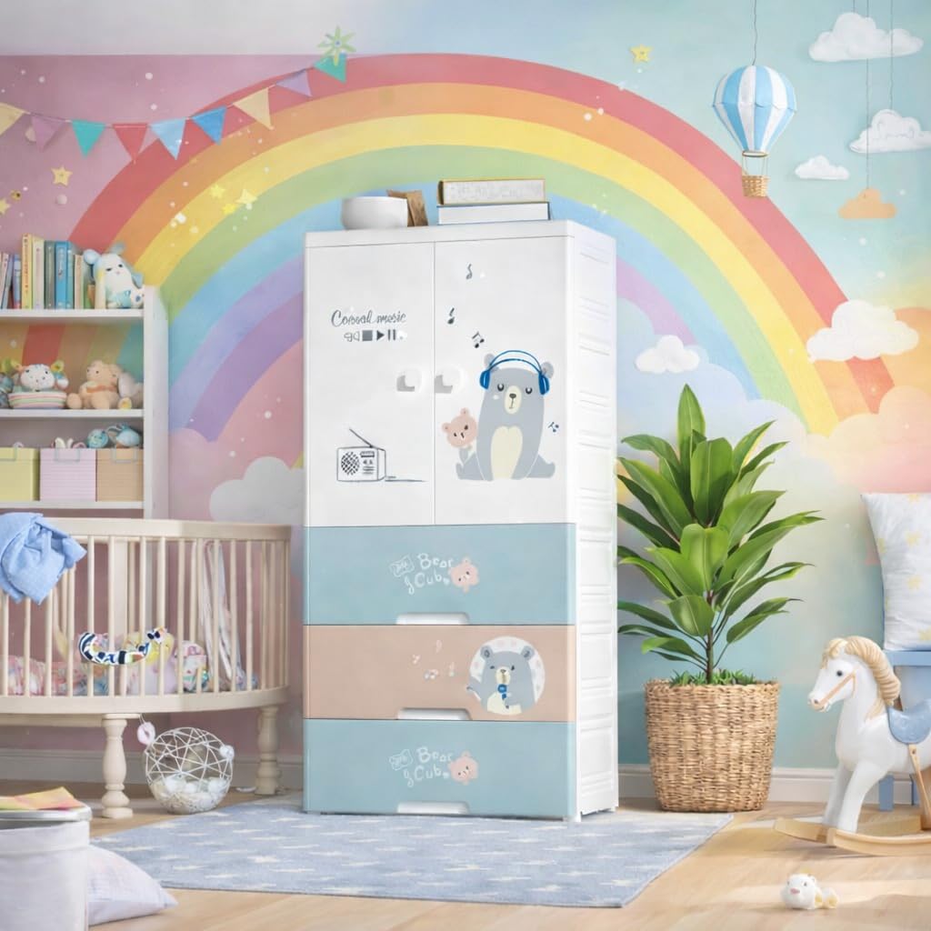 Kids Plastic Wardrobe with Drawers | Baby Cupboard for Clothes Storage | Cartoon Bear Design Children Almirah | Multi-Layer Kids Storage Cabinet for Bedroom & Nursery-image-31