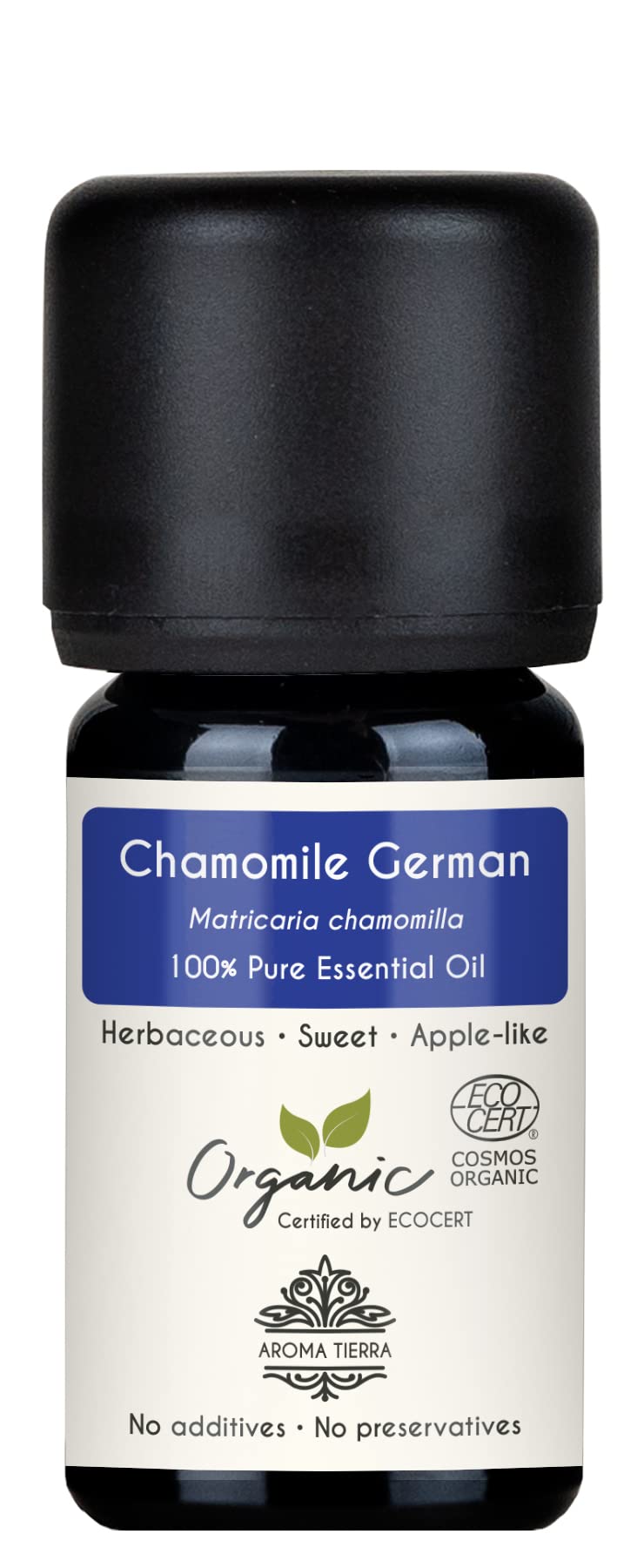 Aroma Tierra Organic Chamomile German (Blue) Essential Oil 5ml - 100% Pure & Natural - Apple-Sweet, Herbaceous & Calming - For Skin Care, Aromatherapy, Relaxation & Wellness