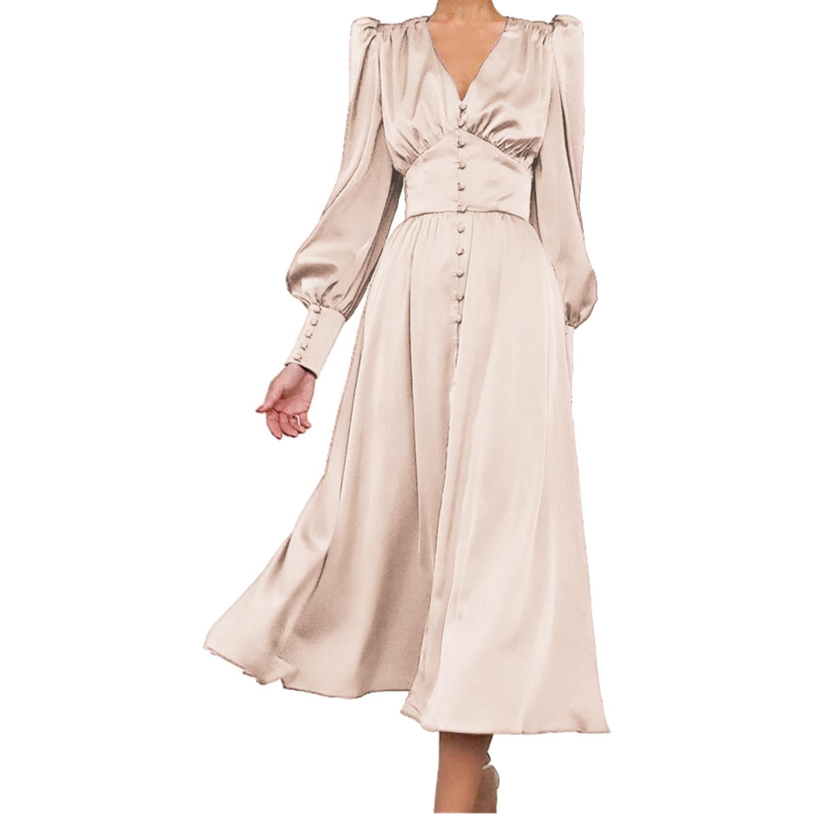 AMDOLE Vestido de graduación para mujer, formal, color sólido, cuello alto, satén, manga larga, elegante, ajustado, favorecedor, vestido de invitada de boda