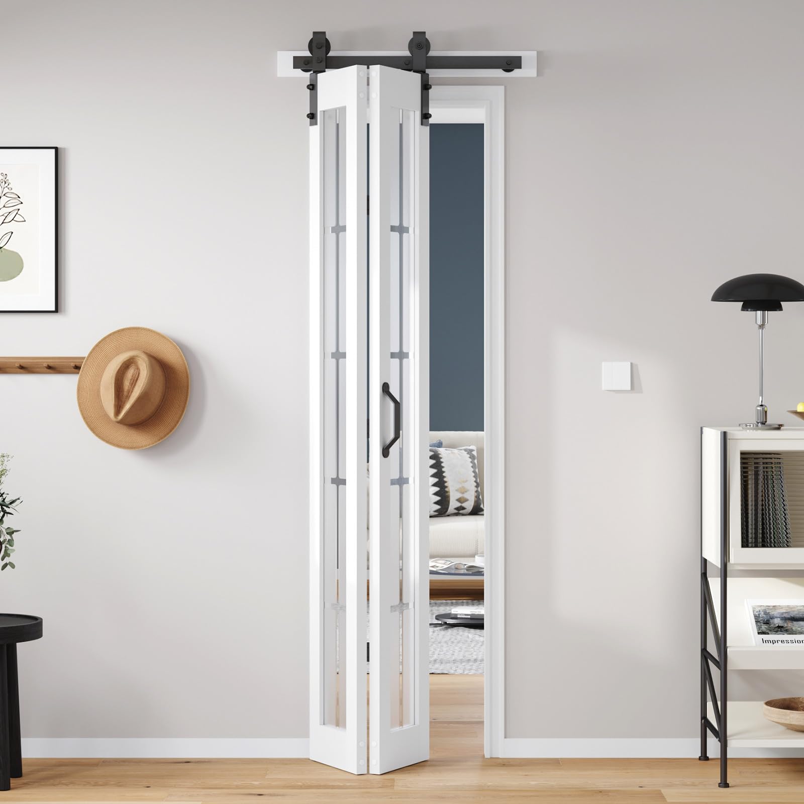 Bifold Barn Door 24x84 Inch (Double 12x84), Preassembled White Frosted Glass Cross Transparent Bifolding Door with 28" Hardware Kit Included, Closet Sliding Wood Panel Slab, Save Space