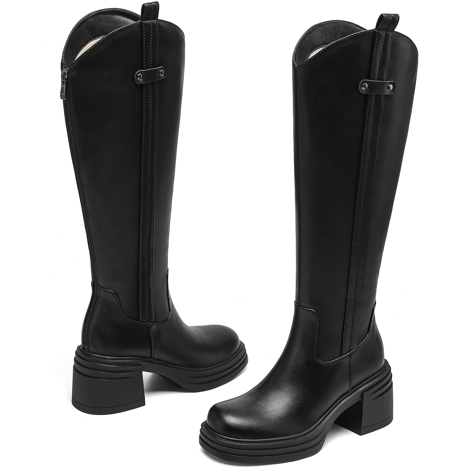 Womens Knee High Boots with Chunky Heel - Faux Leather Tall Boots for Fall Winter Ideal for Office