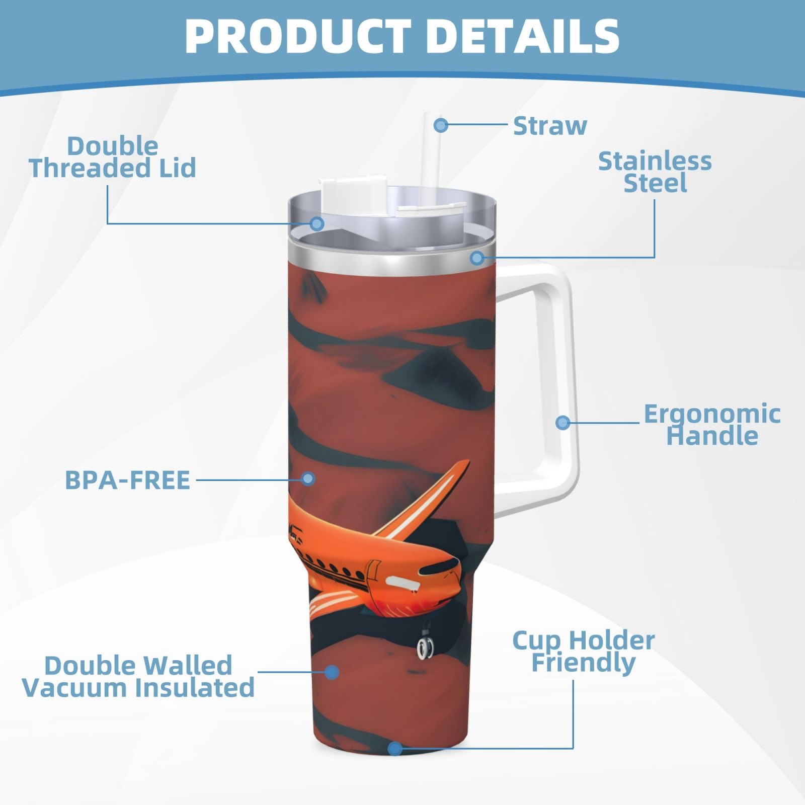 Mars Planet 1 doppelwandige, isolierte Wasserflasche mit Griff und Strohhalm-Deckel, Edelstahl, 1,2 l