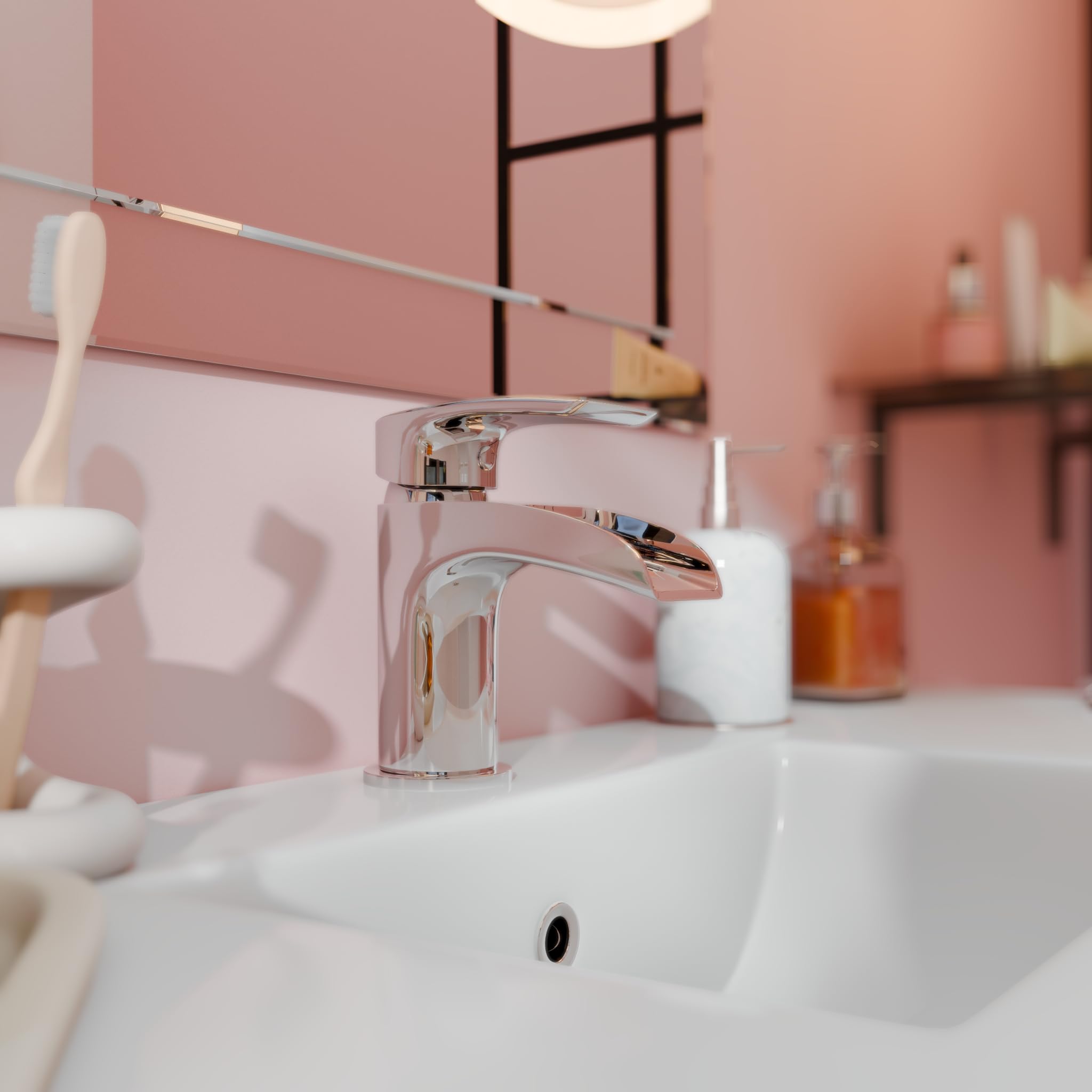 VeeBath Stream - Rubinetto miscelatore monocomando rotondo a cascata, finitura cromata, monocomando, rubinetto moderno per lavabo con scarico, rubinetto da bagno, design contemporaneo per lavabi da