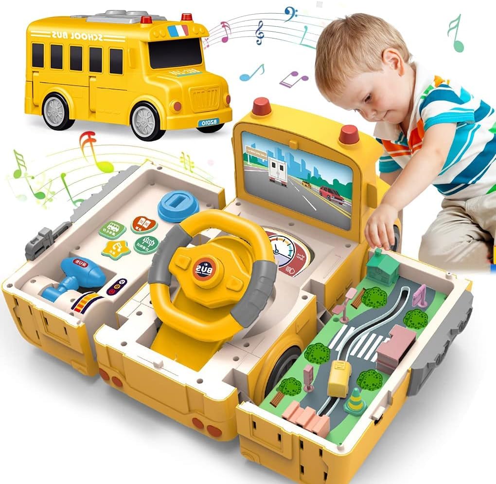 Kids School Bus Toy with Sound and Light, Simulation Steering Wheel Gear Toy, Toddlers School Bus Toys with Music Education Knowledge Simulation Driving Bus Toys, Gift for 1-3-5 Boys & Girls