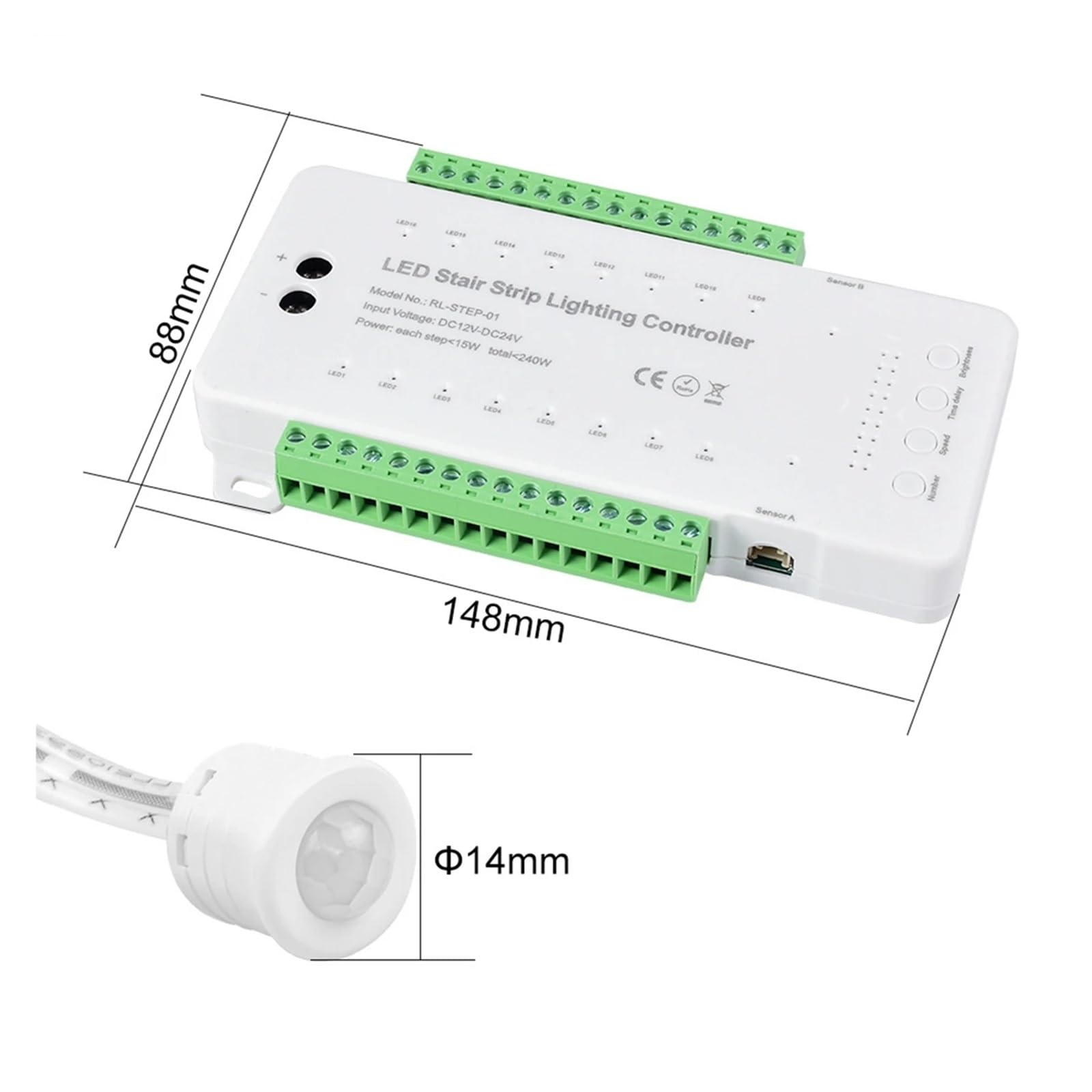Controlador LED Regulable For Escaleras, 16 Canales, Sensor De Movimiento PIR Dual, Tira De Luz For Escalones, Controlador For Tira De Lámparas.