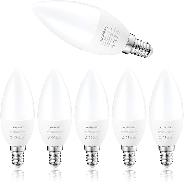 E14 LED Candle Light Bulbs, Aninbo 5.5W Edison Screw Bulb, 40W Incandescent Equivalent, 3000K Warm White,470lm, Non-Dimmable, Energy Saving for Chandeliers, Wall Lamps, Ceiling Fixtures, Pack of 6