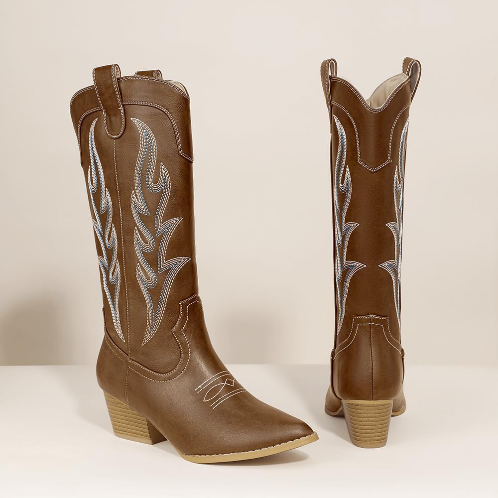 IDIFU IN2 Cowboy Boots for Women Mid Calf Cowgirl Boots Embroidered Western Boots Chunky Low Heel Pointed Toe Country Boots Cute Fashion Booties for Women Dress Wedding Heeled Boots - Image 6